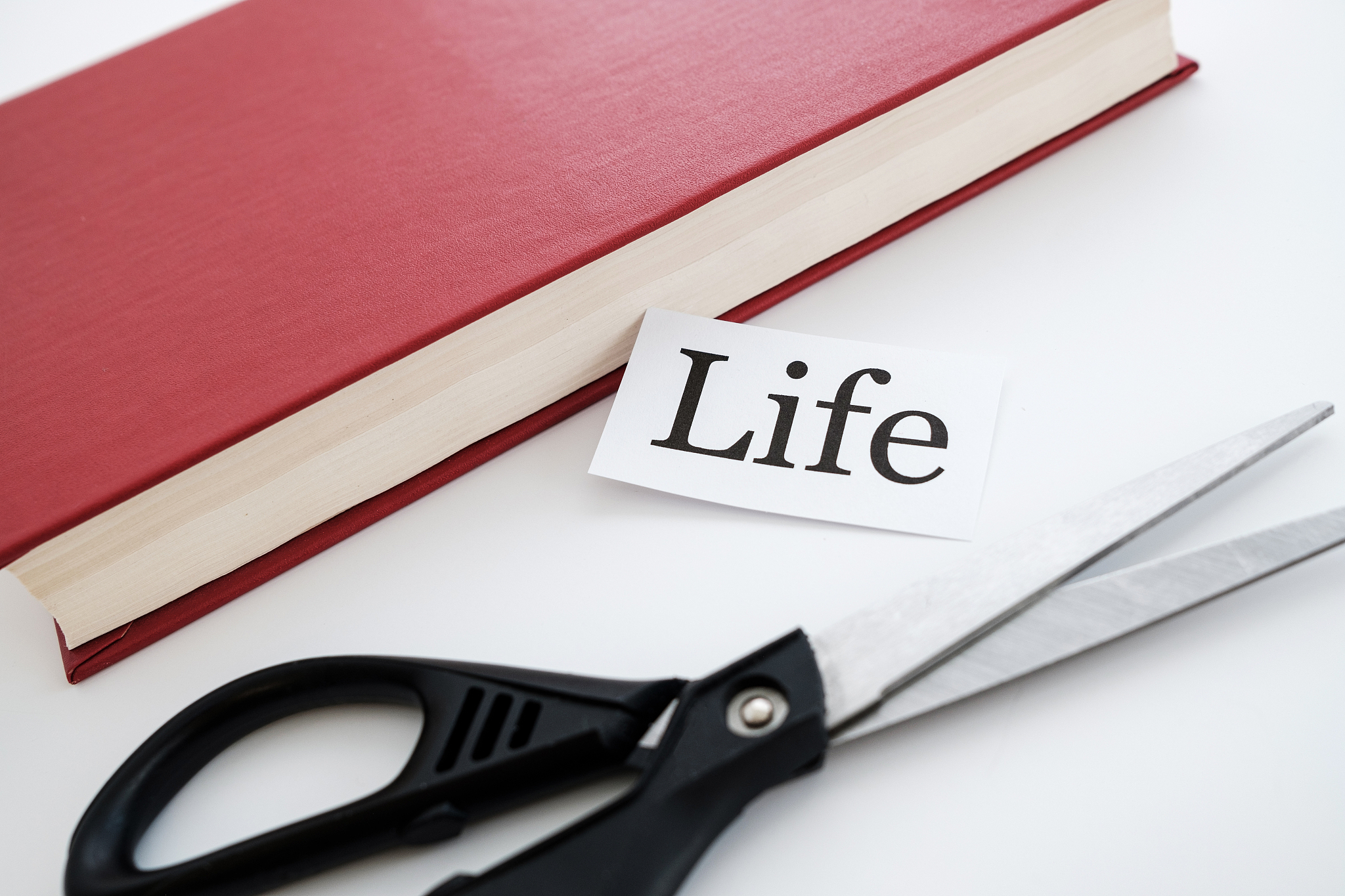 a strip of paper next to a book and scissors is written life