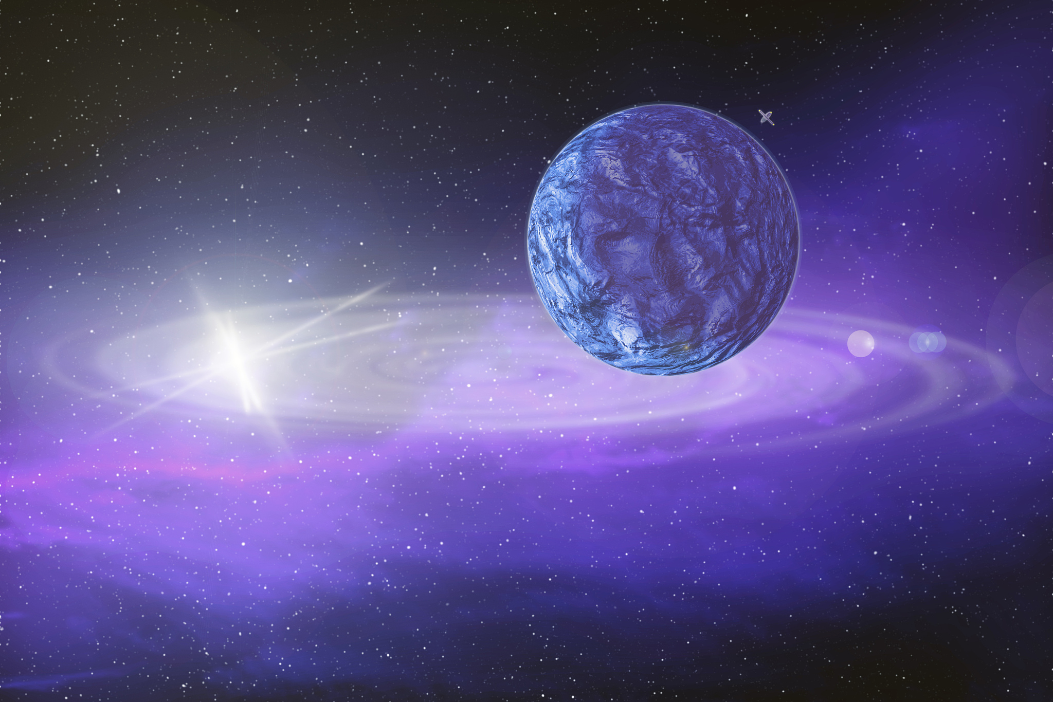 large blue planet moves around a bright star in far-away space, 