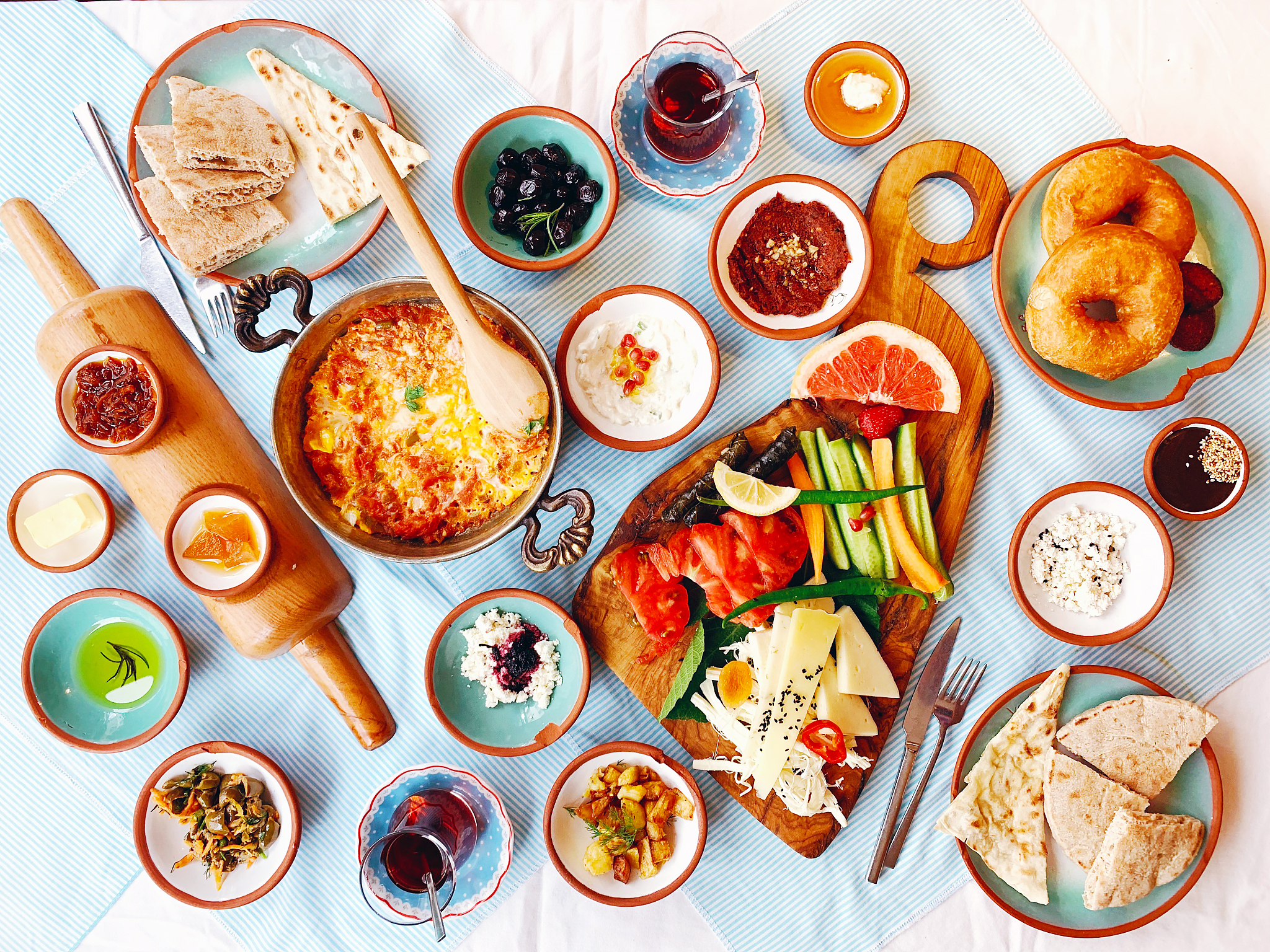 turkish breakfast on the table, high angle view