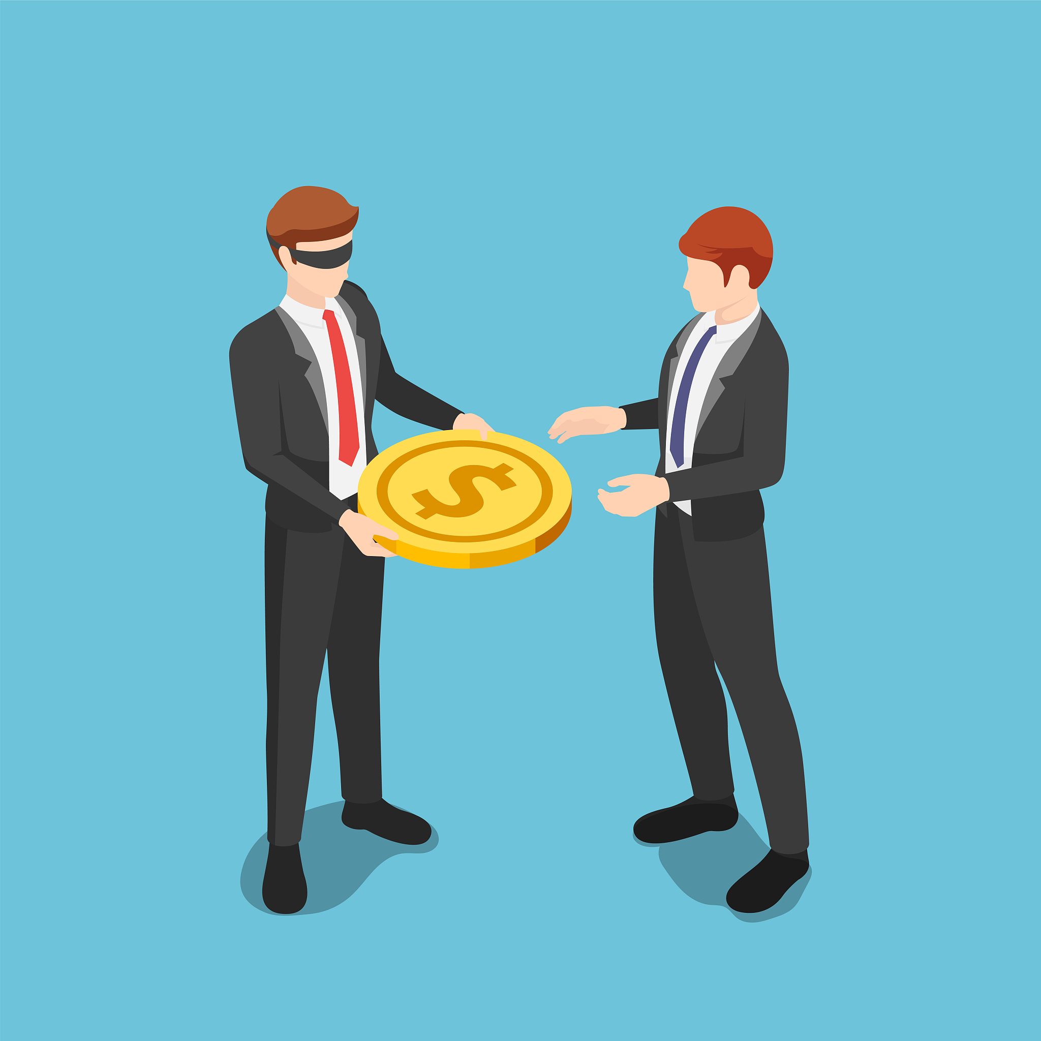 isometric blindfolded businessman giving money to other business