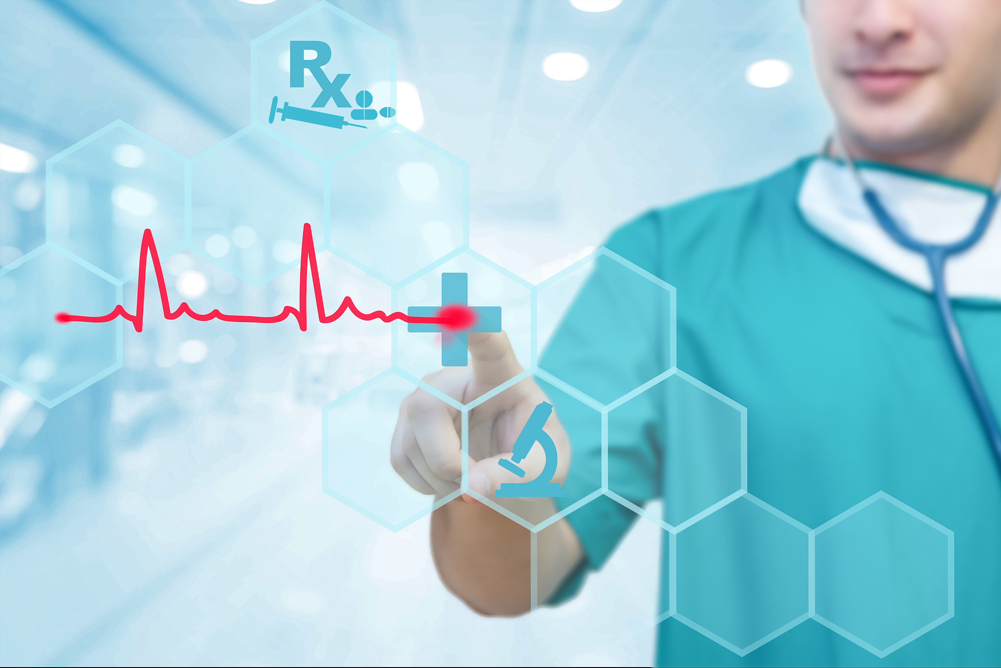 doctor hand working on visual screen interface with ecg wave