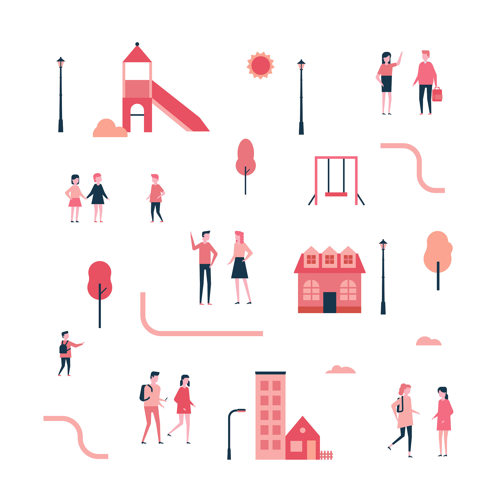 city - flat design style set of isolated elements