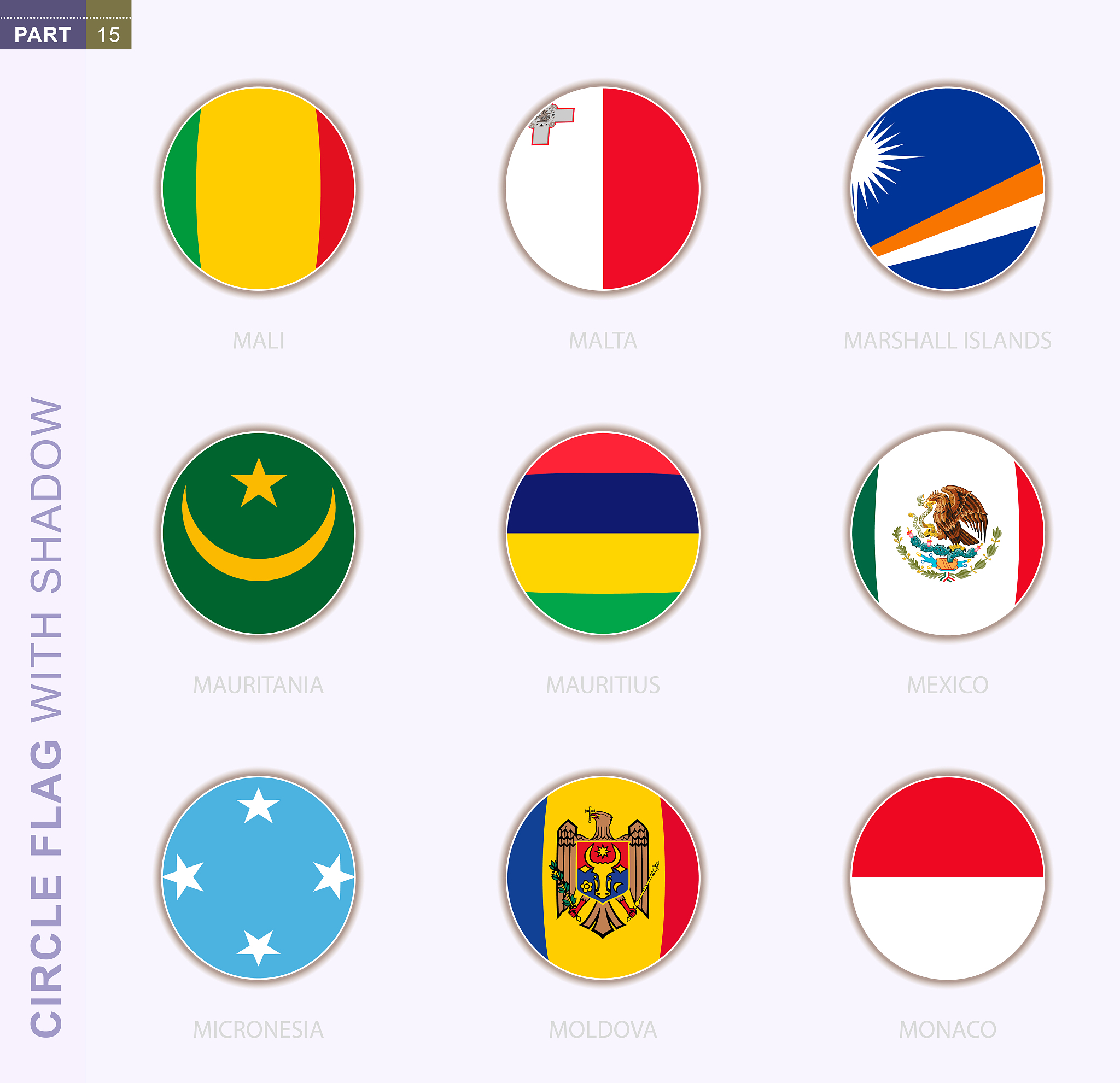 circle flag with shadow, collection of nine round flag. vector f