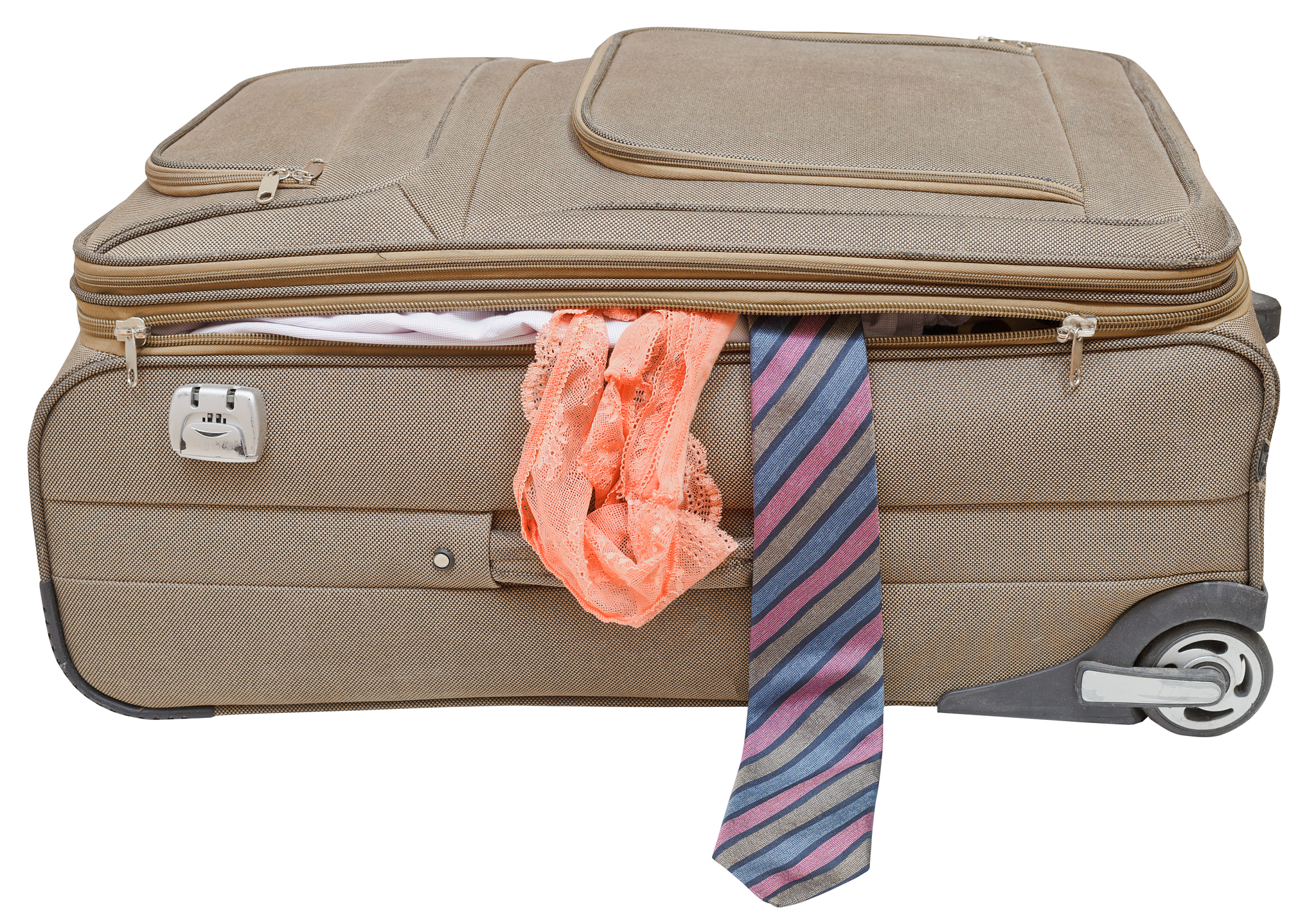 suitcase with fell out male tie and female panties