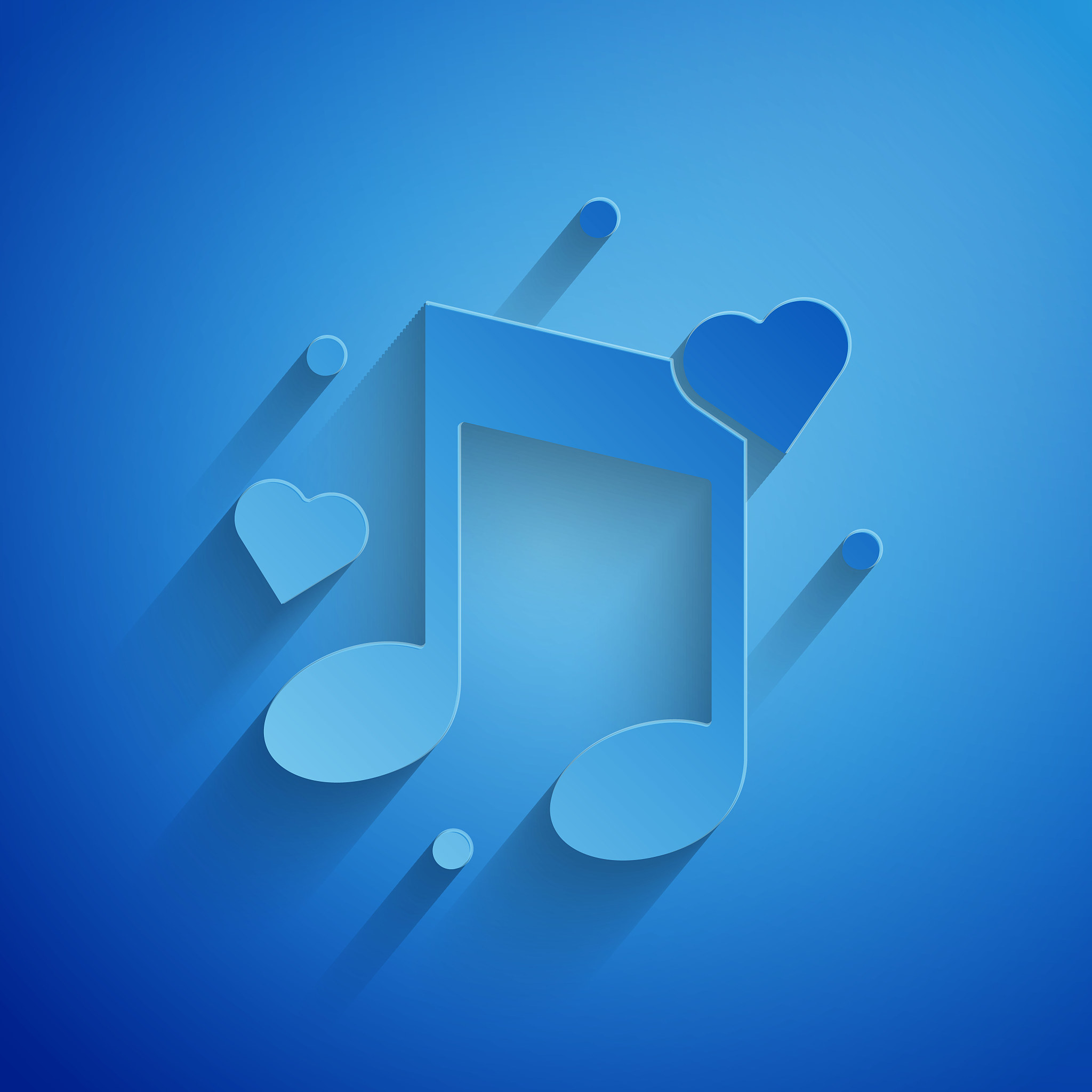 paper cut music note, tone with hearts icon isolated on blue bac