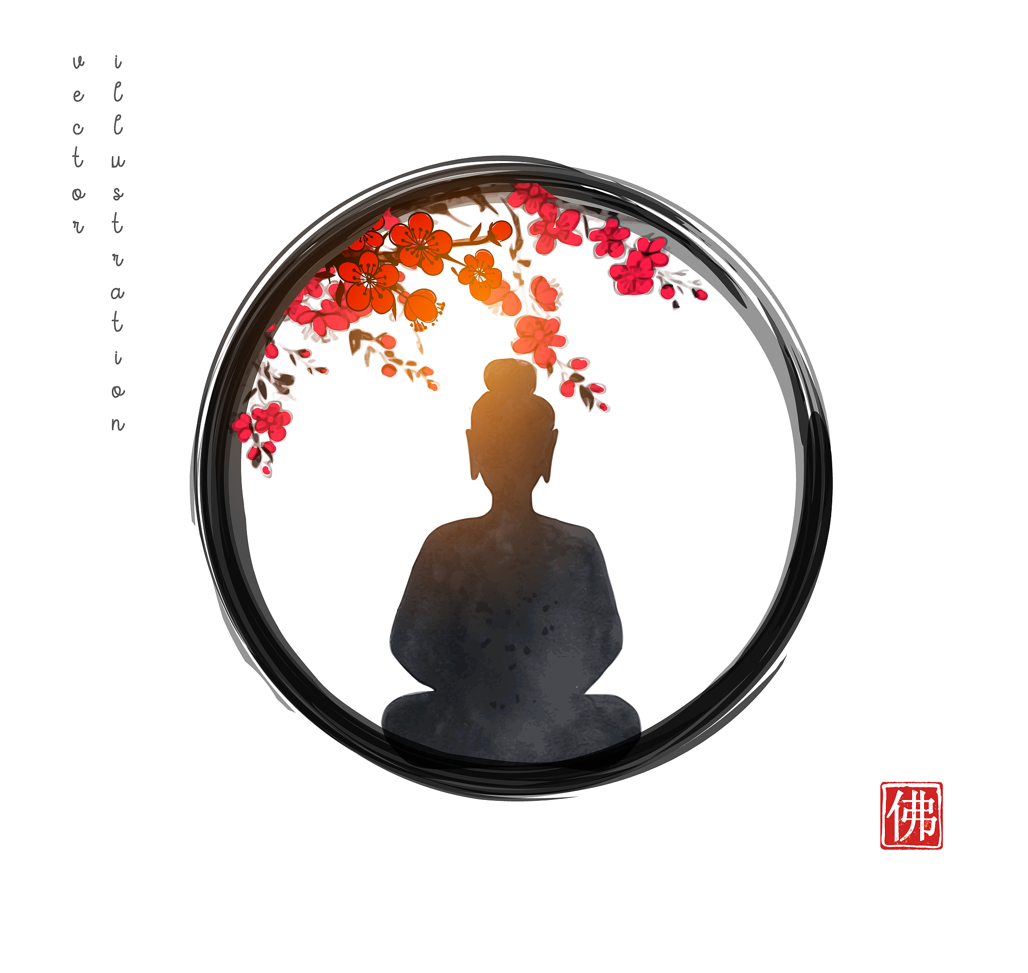 silhouette of meditating buddha and sakura tree in blossom in bl