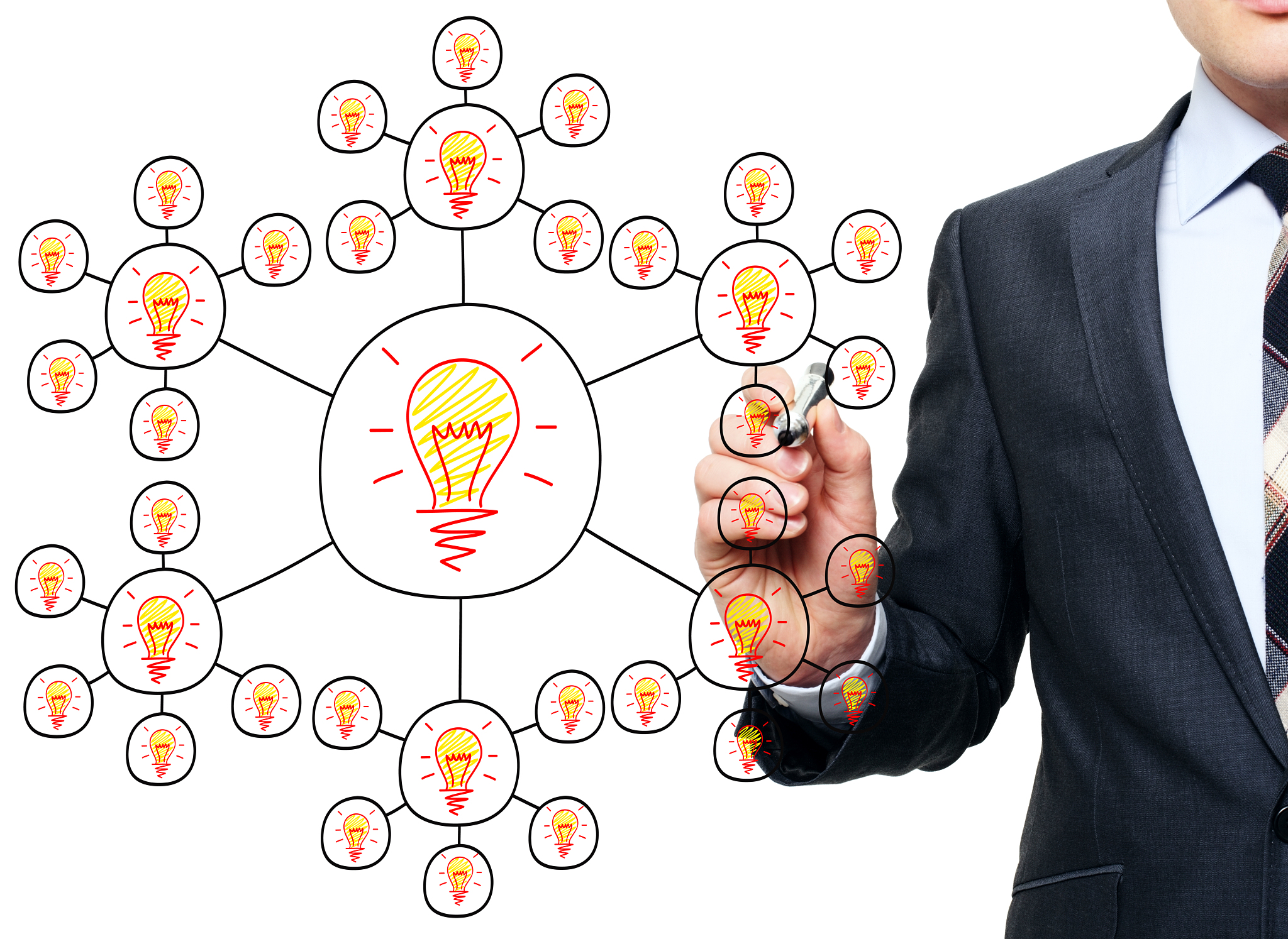 businessman drawing an idea network on a clear screen board