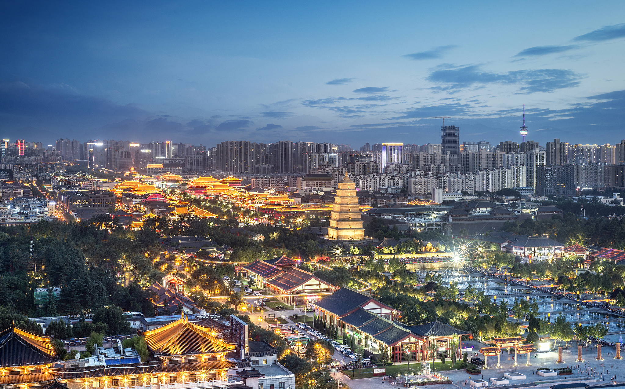 xi'an skyline at night with ancient city wall