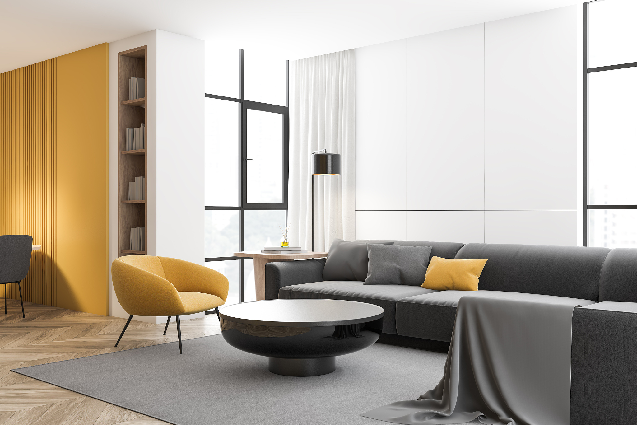 white and yellow living room corner