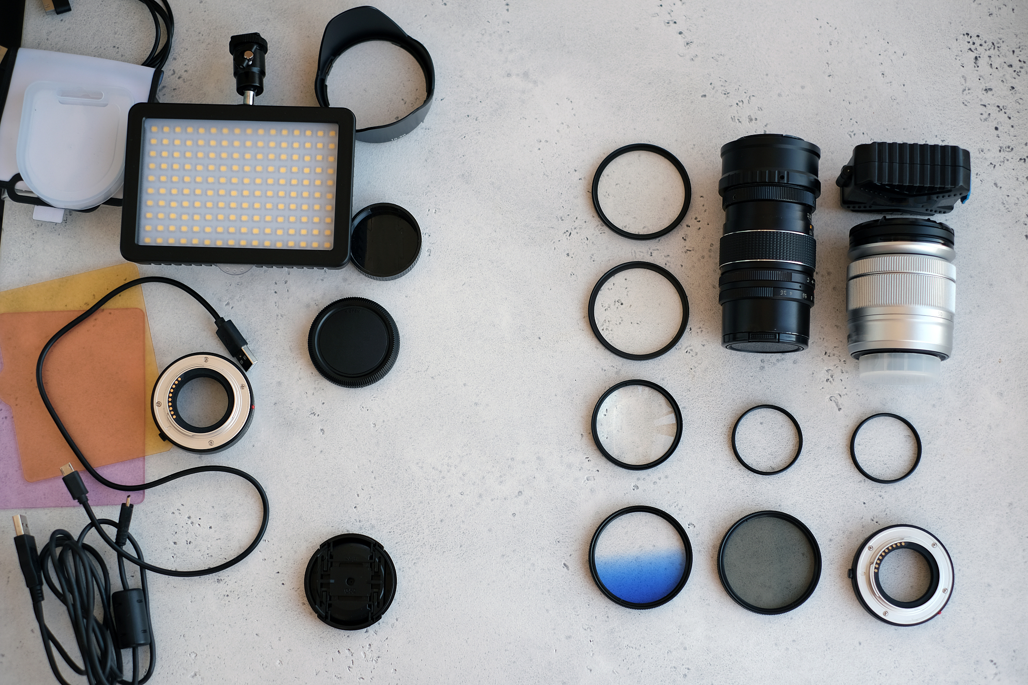 flat lay composition with equipment for professional photographe