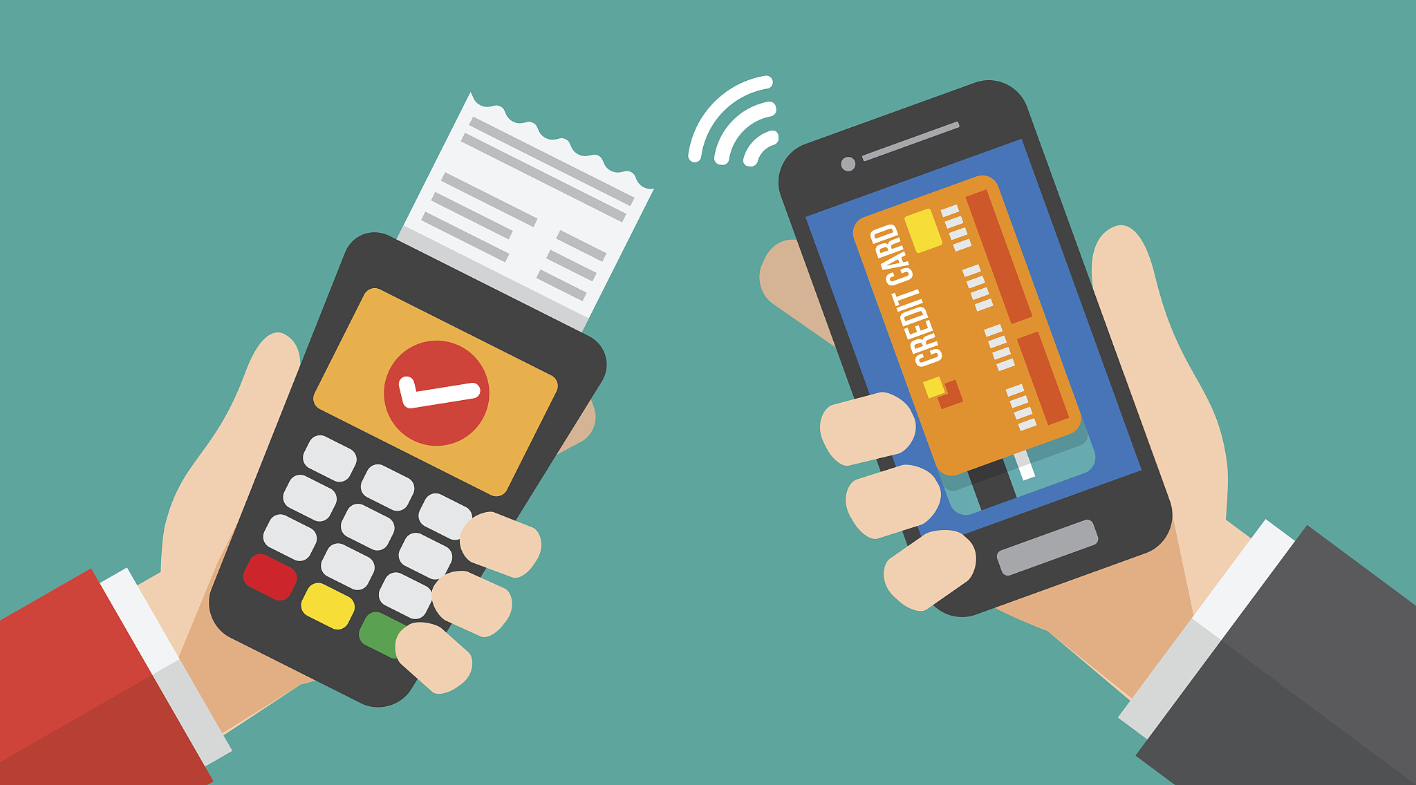 smartphone payment with credit card reader machine. vector illus