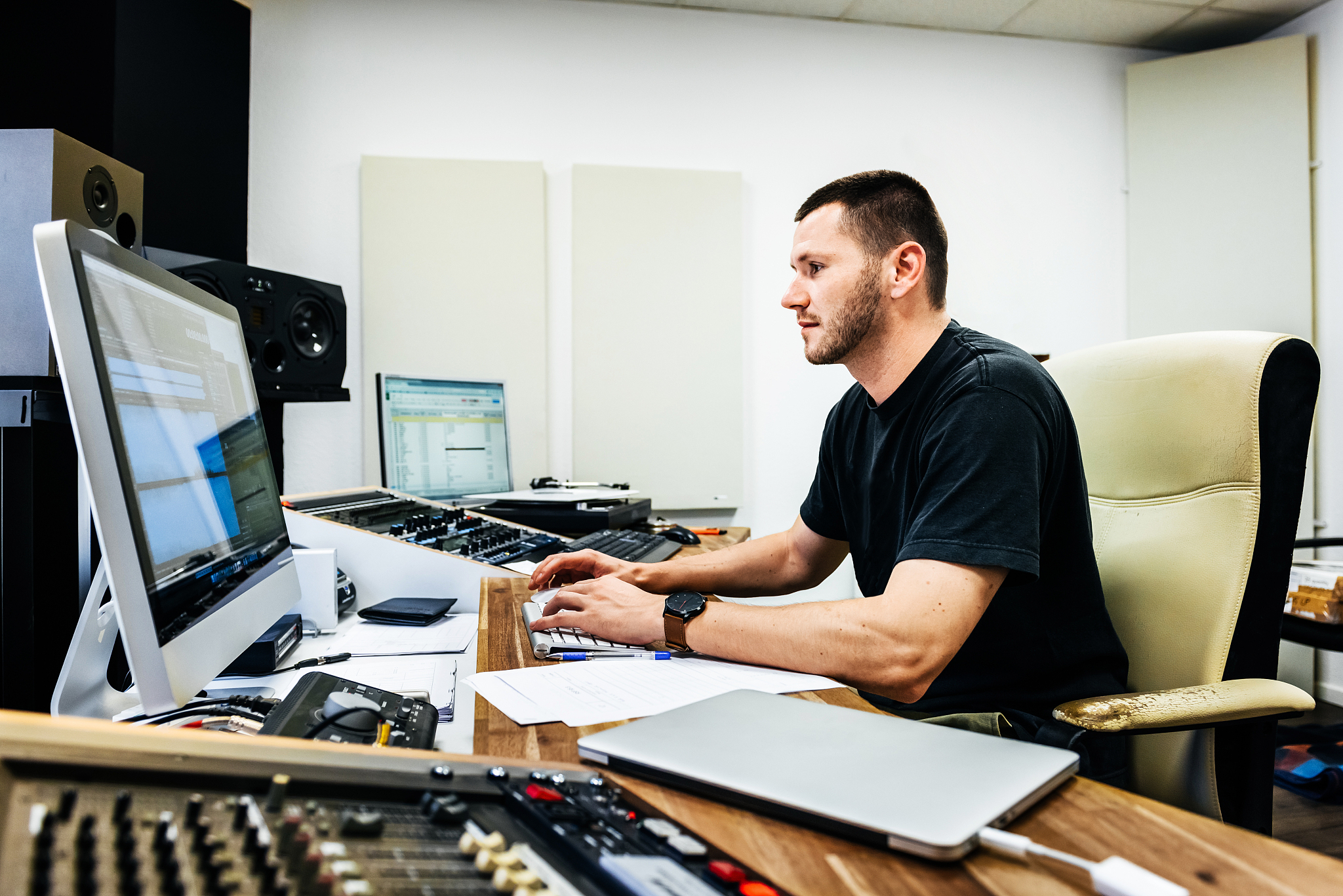 sound engineer in his record studio