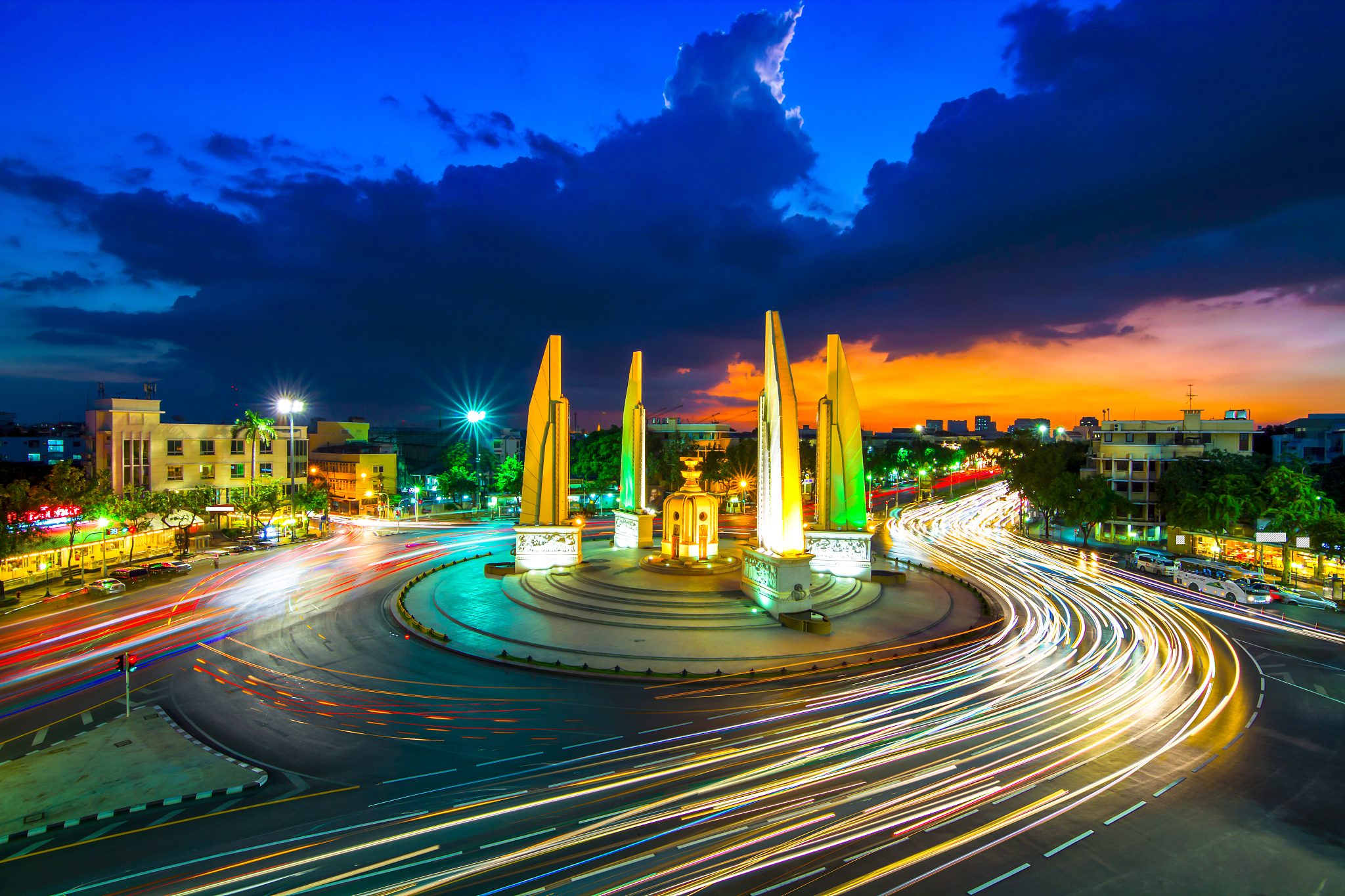 the democracy monument at twilight time at bangkok,thailand
