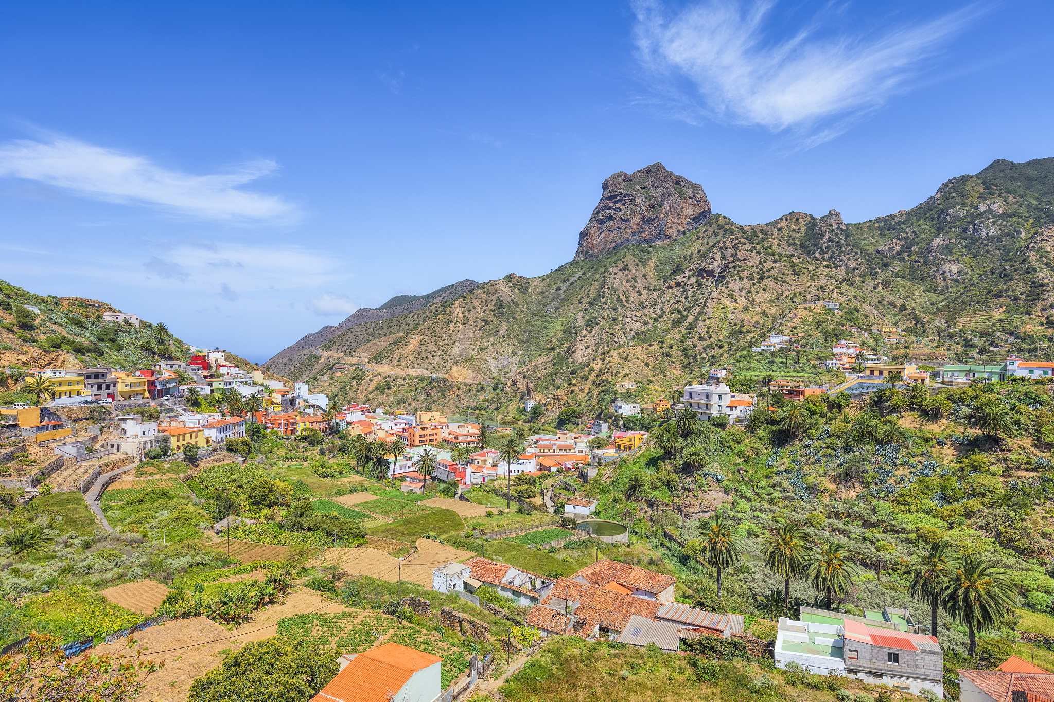 view of vallehermoso and roque cano on canary islands la gomera 