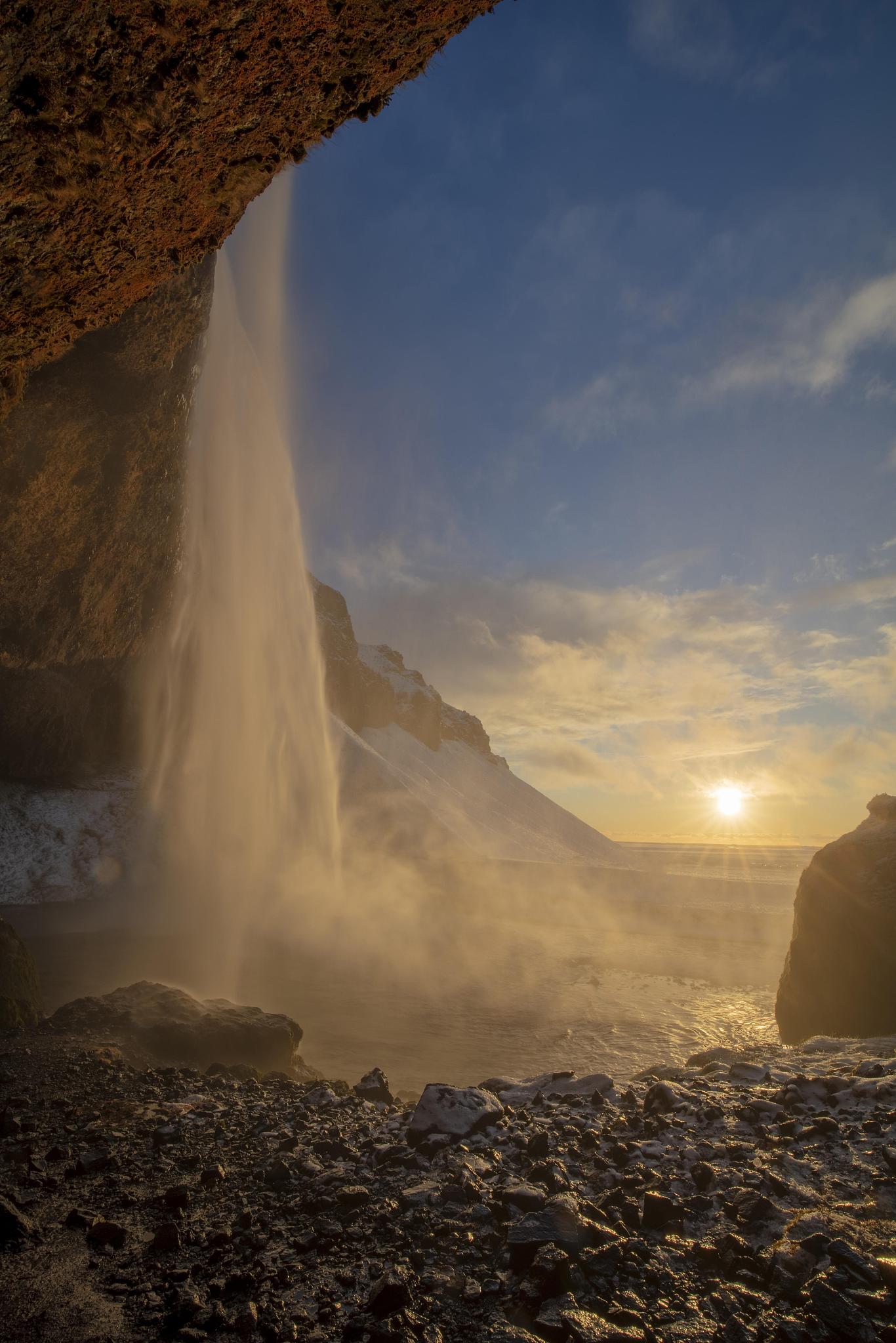 seljalandsfoss at sunset in winter, iceland