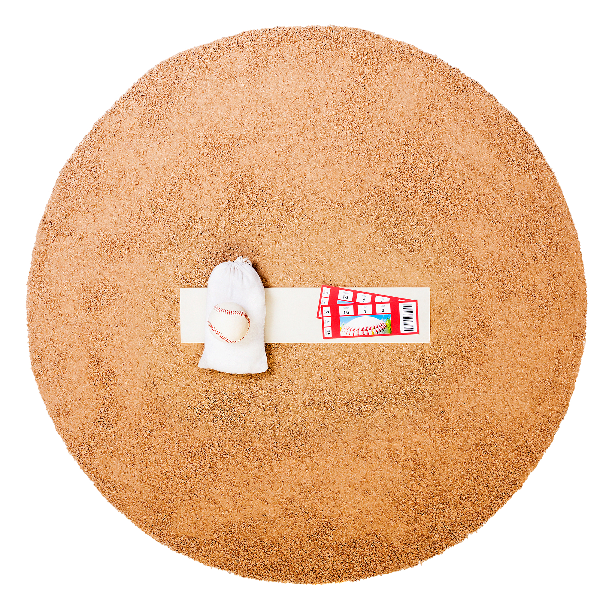 overhead shot of pitcher's mound baseball and tickets