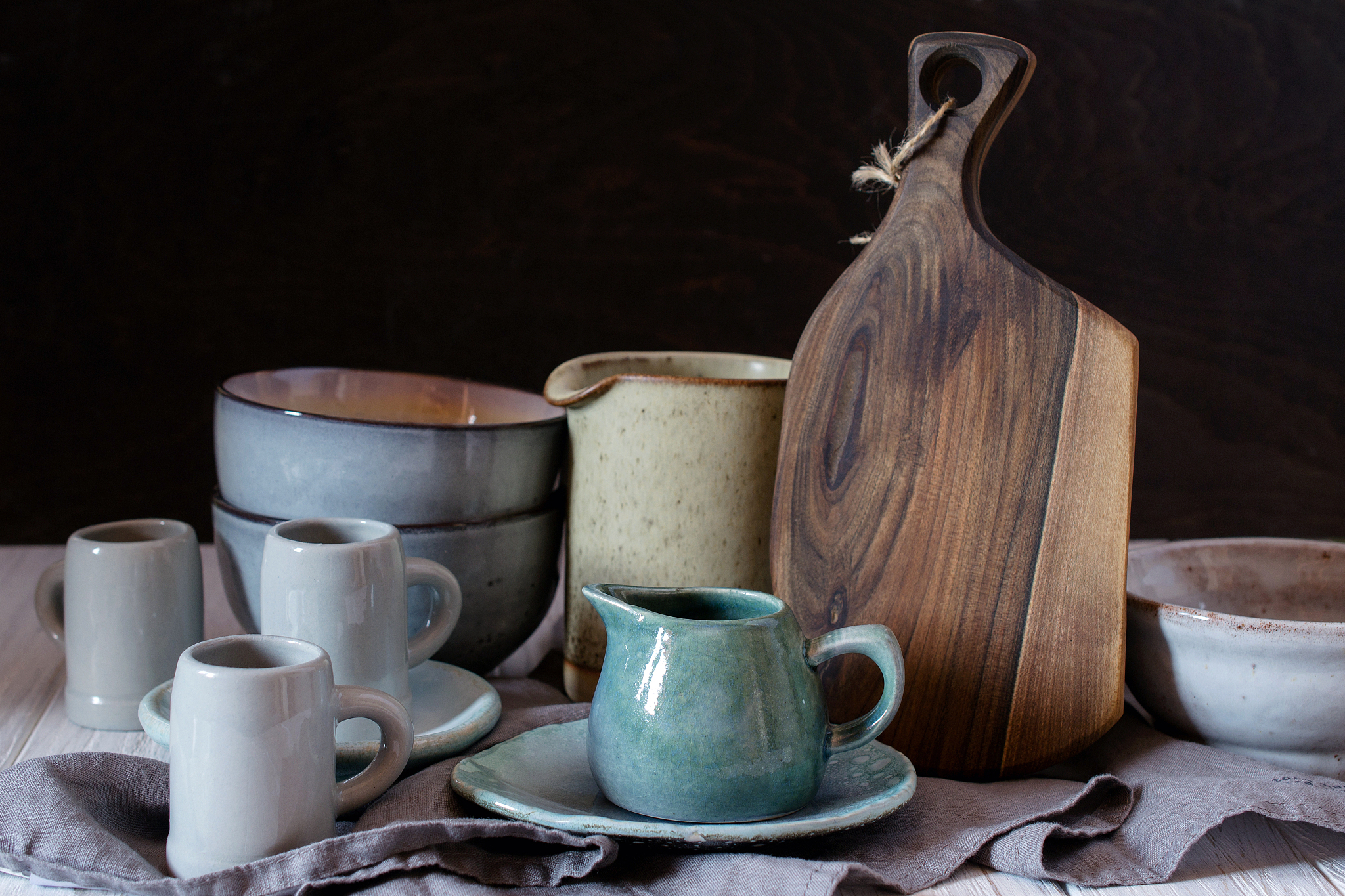 collection of rustic simple handcraft kitchenware in neutral ton