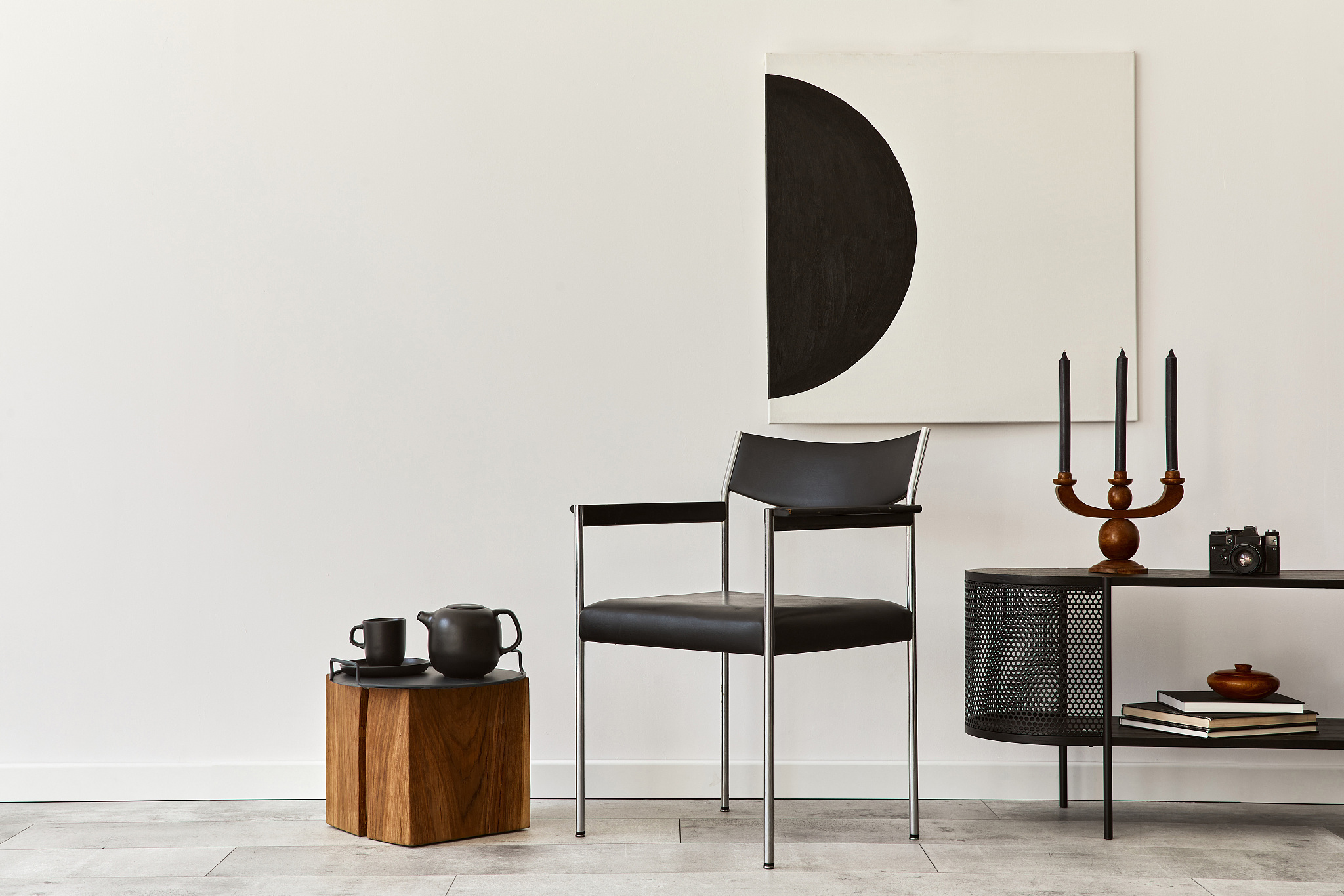 interior design of modern living room with black stylish commode