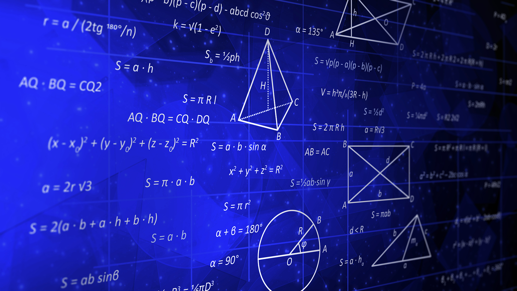 blue geometry concept background with formula, theorems and geom