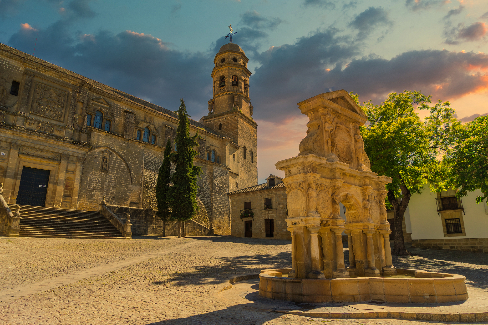 santa maría fountain and cathedral of baeza, spain
