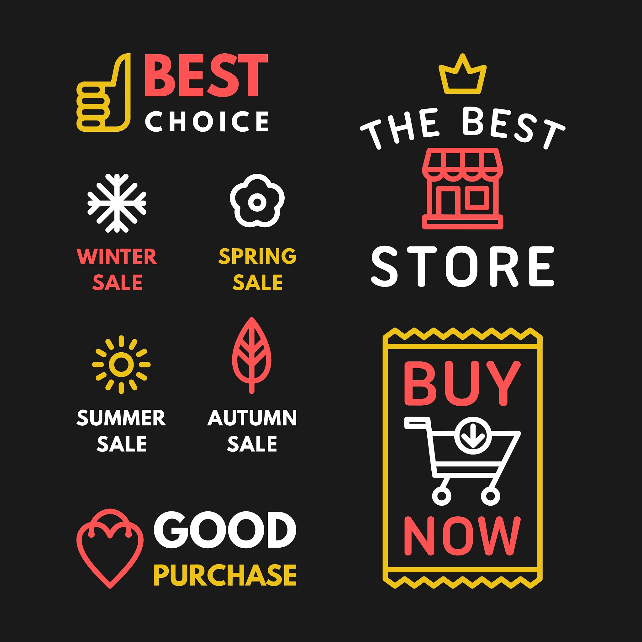 set of shopping badges on black background best