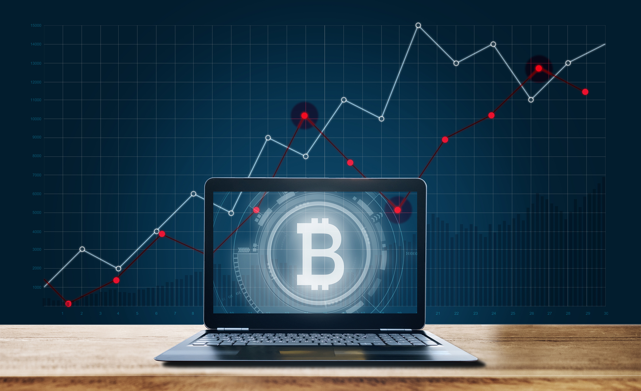 computer laptop and b alphabet symbol of internet banking, bitco