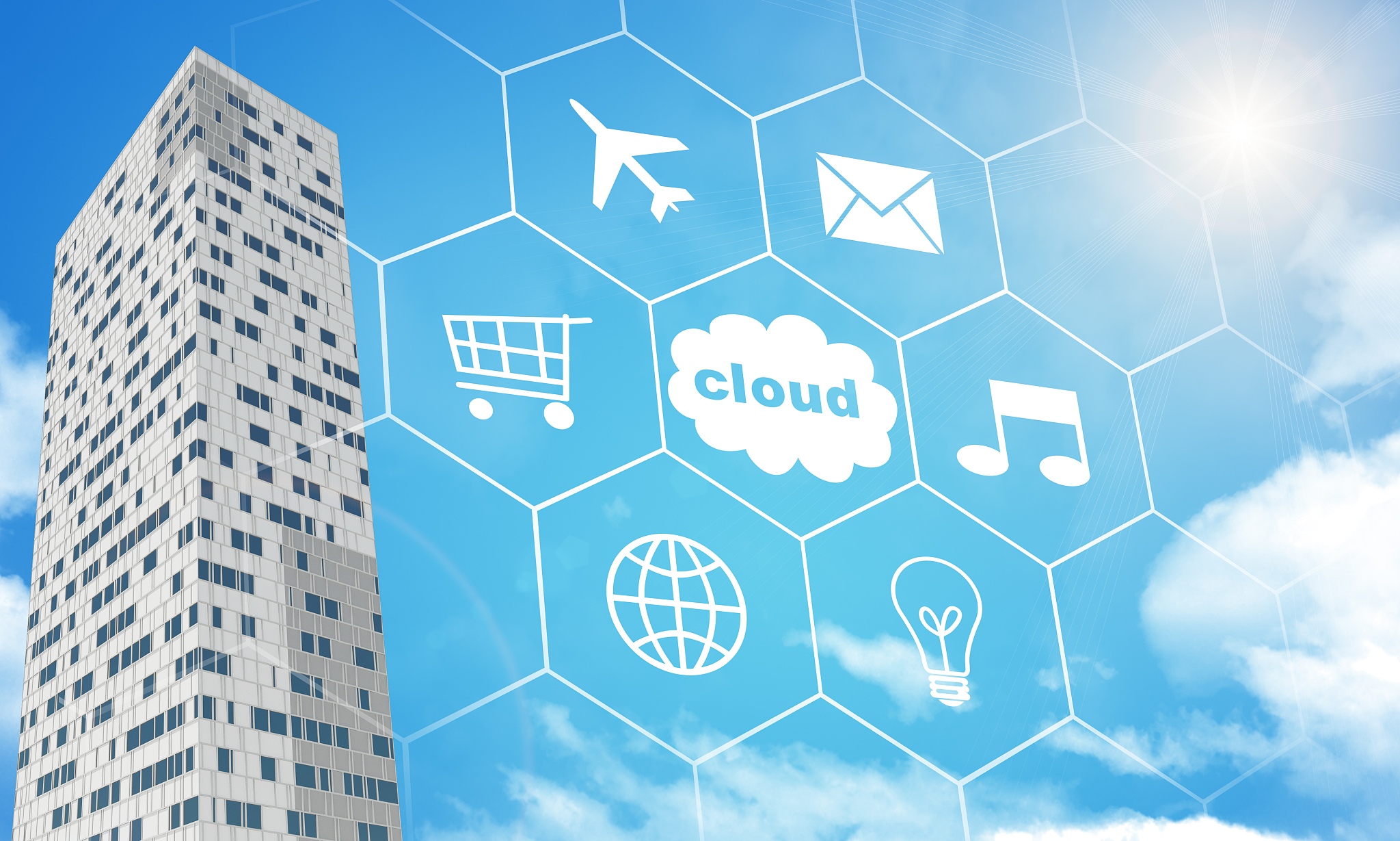 skyscraper with iconso on sky