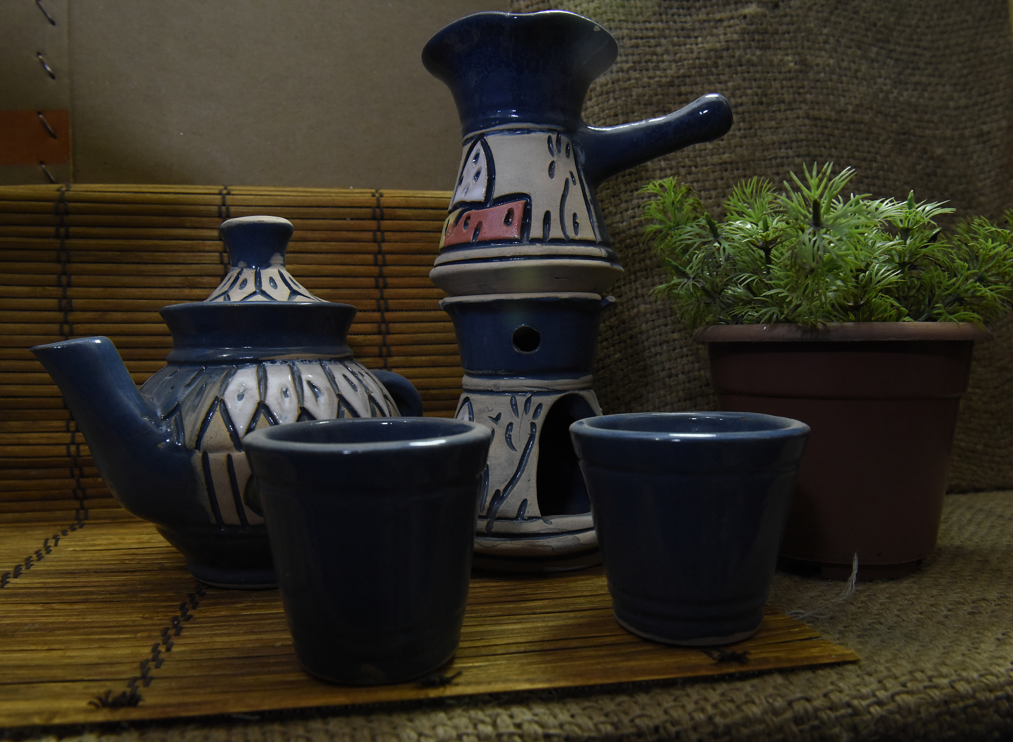 pottery coffee cup set on the table
