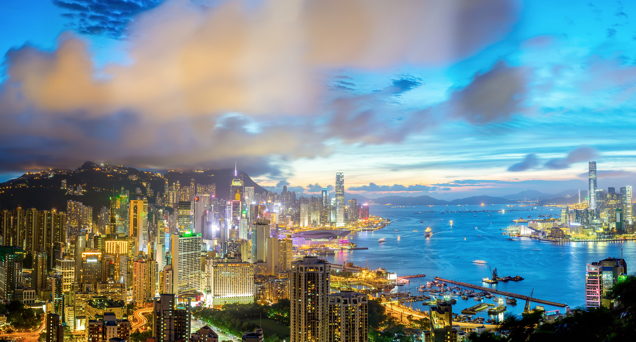 aerial panorama shot of hong kong cityscape skyline from braemar