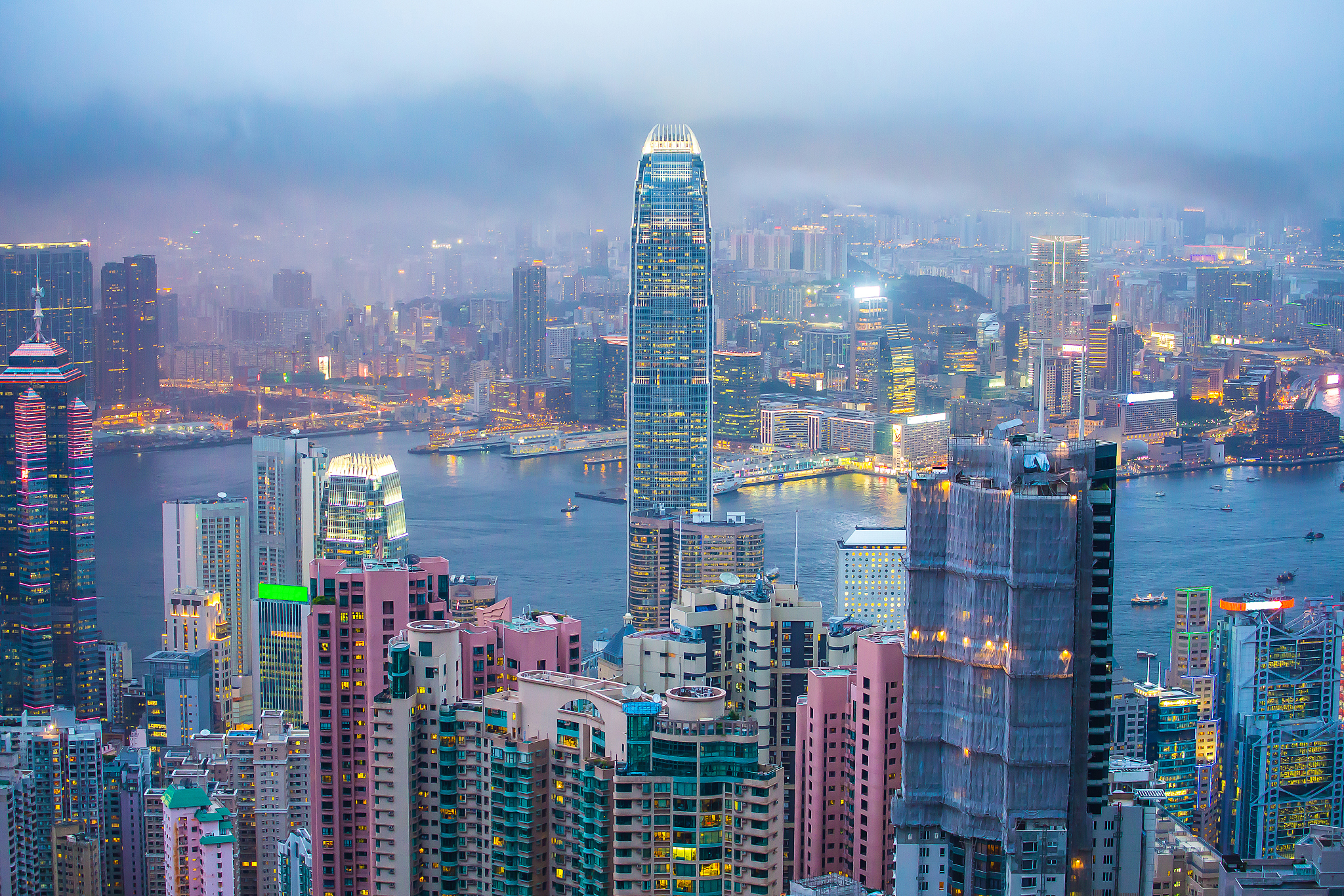 night view over victoria harbor as viewed atop victoria peak