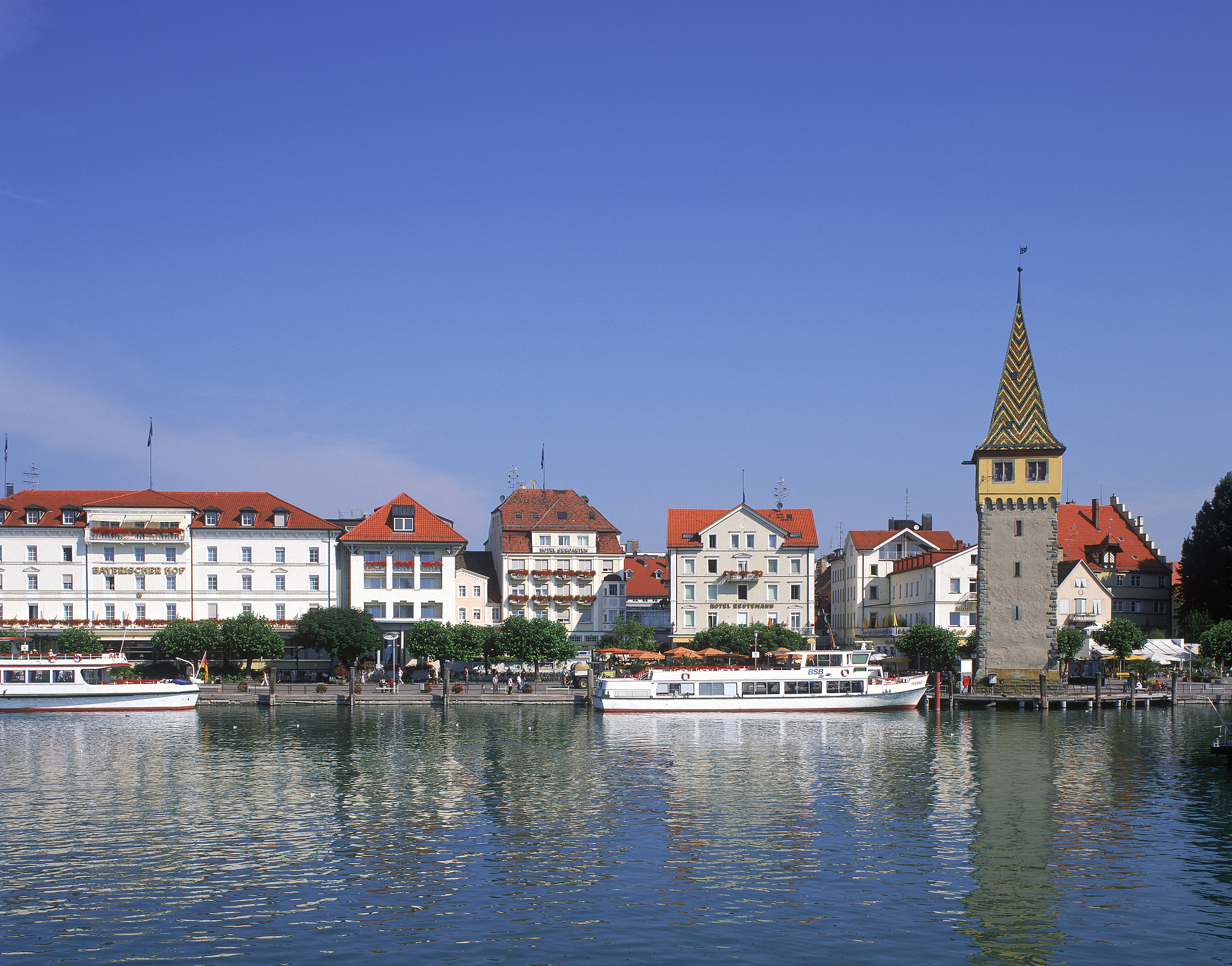 tourist boats on lake constance & town of lindau, bavaria, germa
