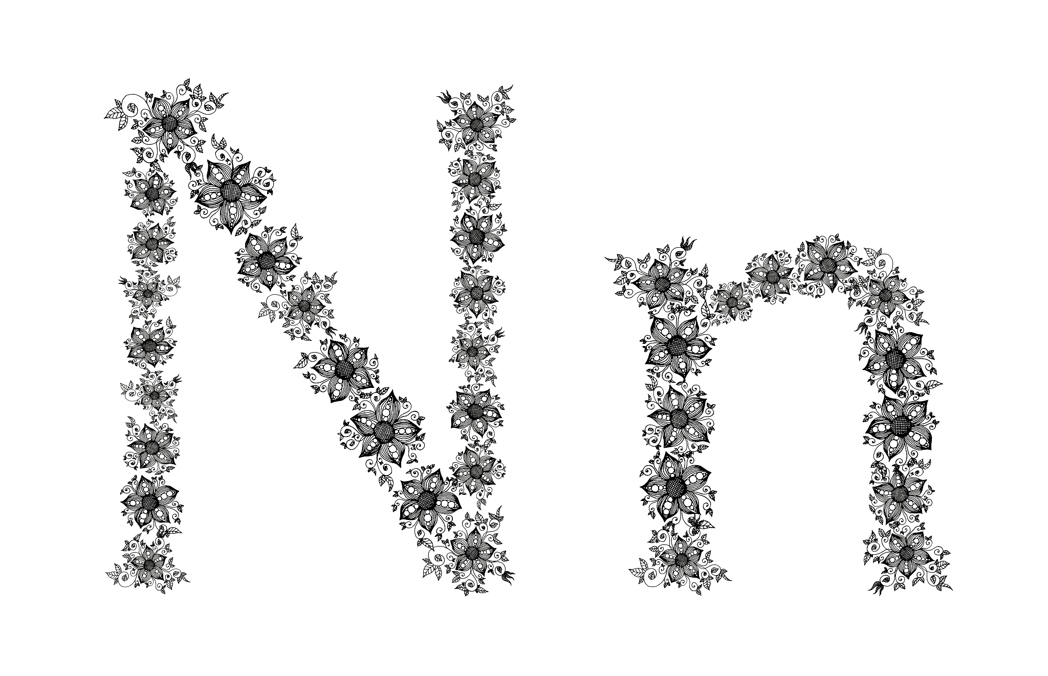 hand drawn flowers form a letter. vector illustration