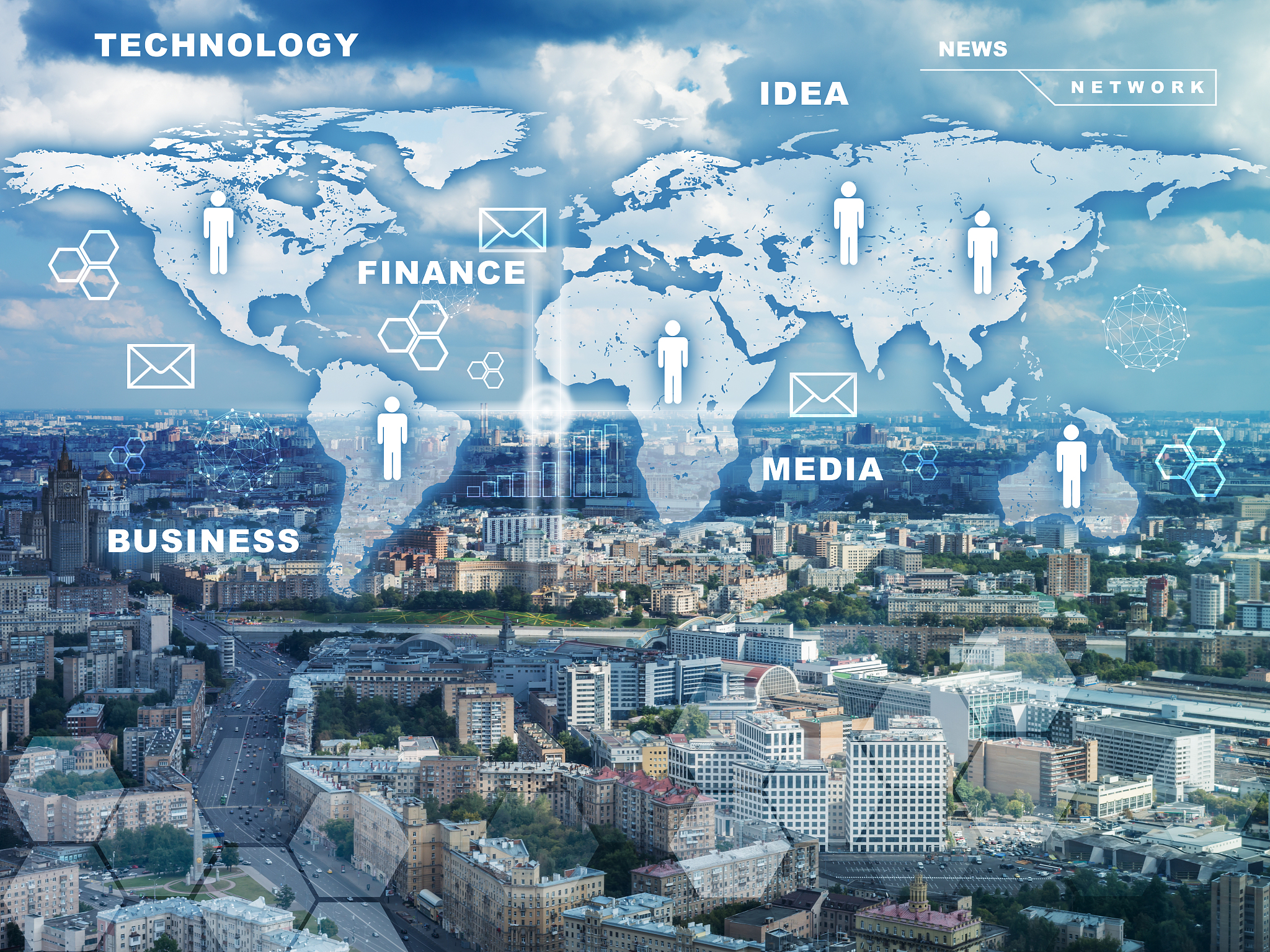 cityscape with world map