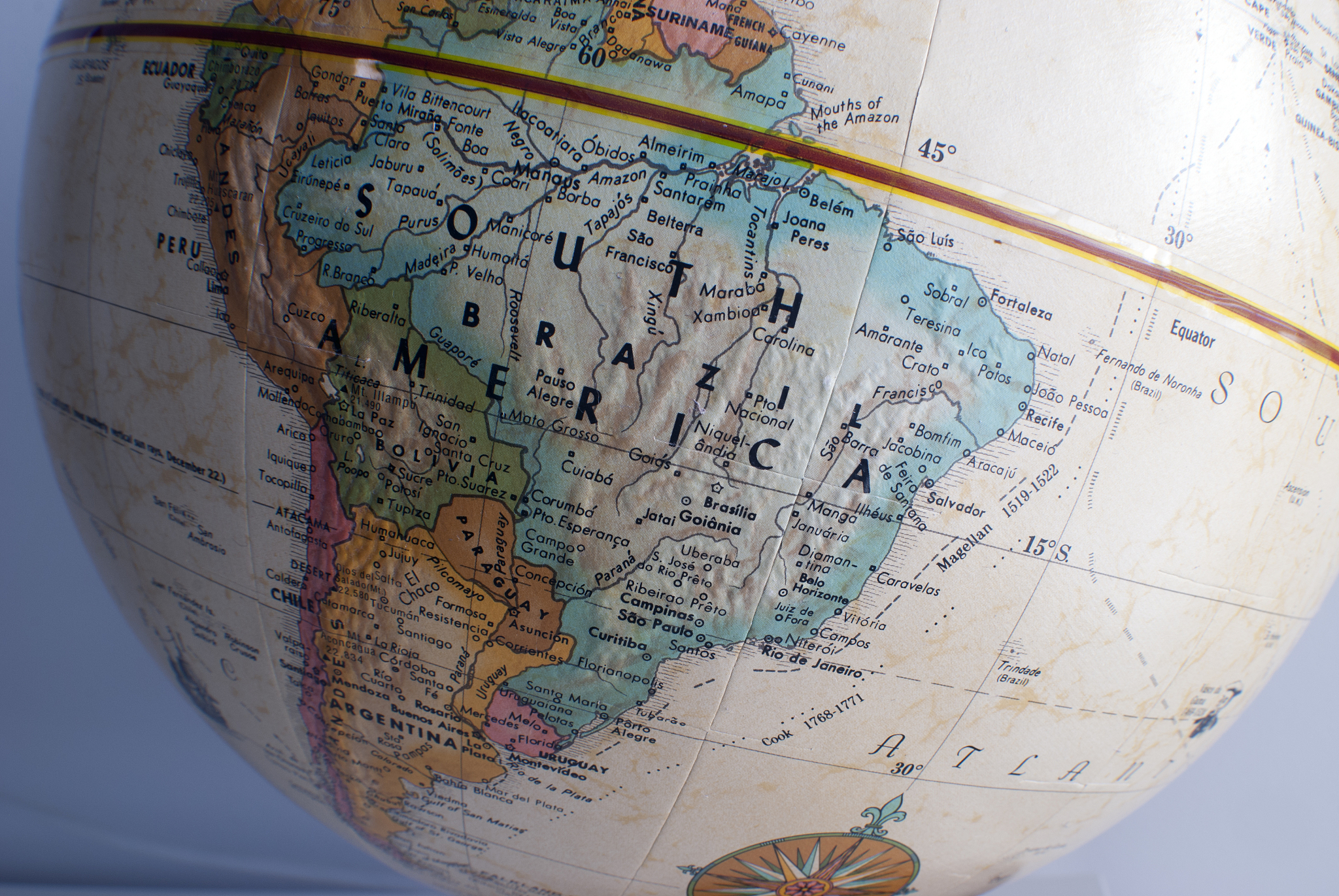 south america map on globe