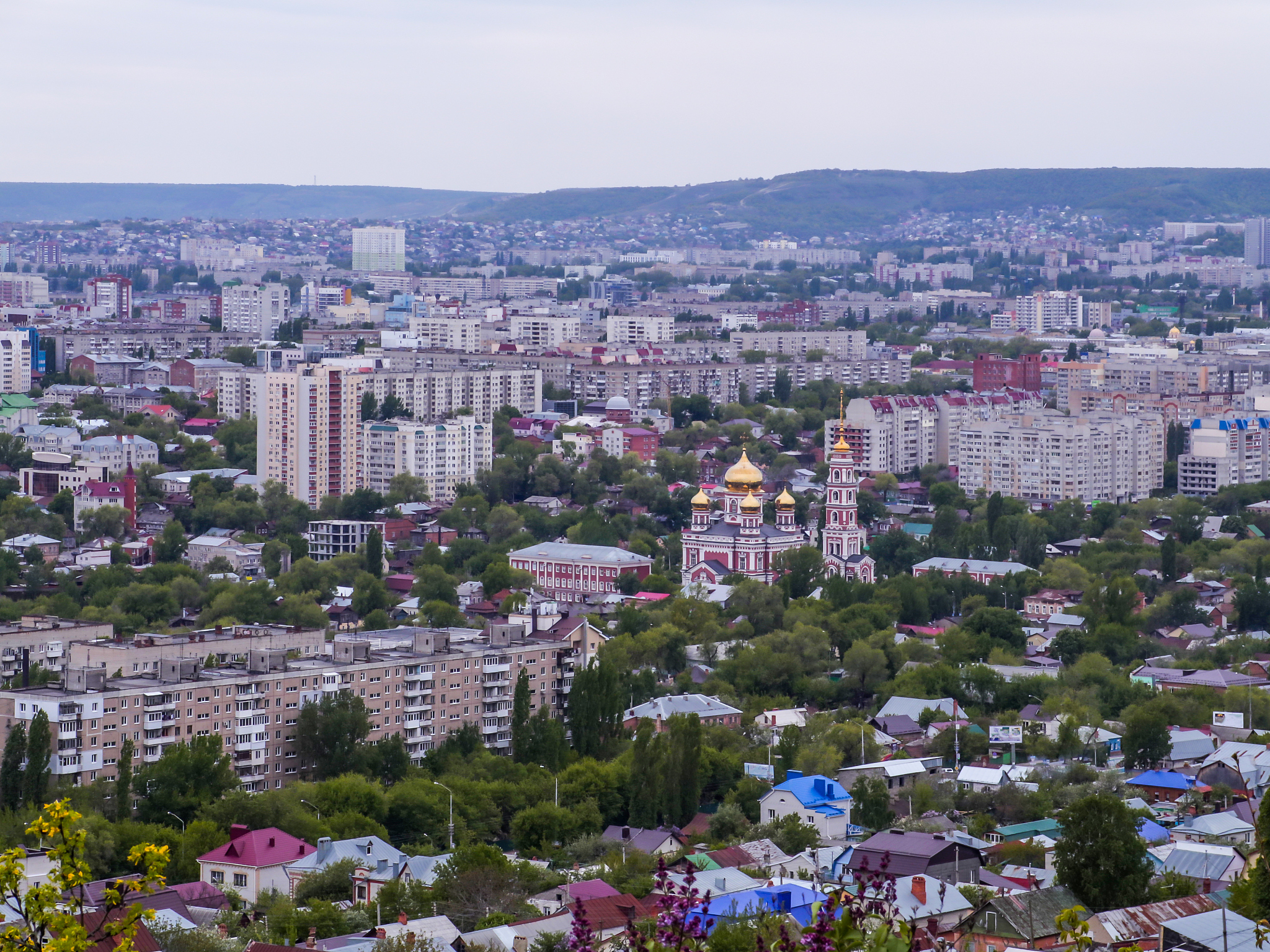top view of the city of saratov, russia. orthodox church with go