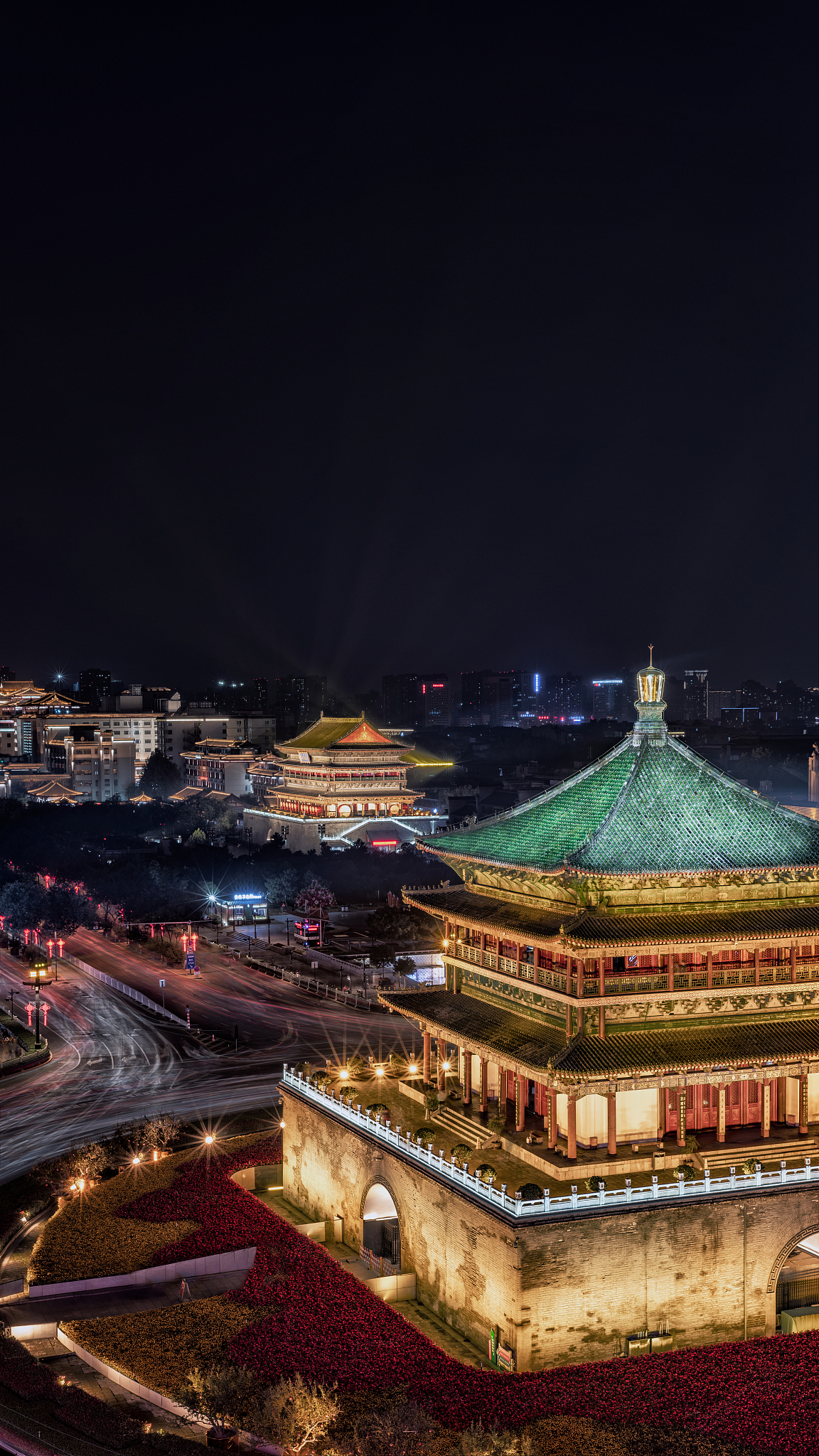 西安钟楼鼓楼钟鼓楼夜景竖图