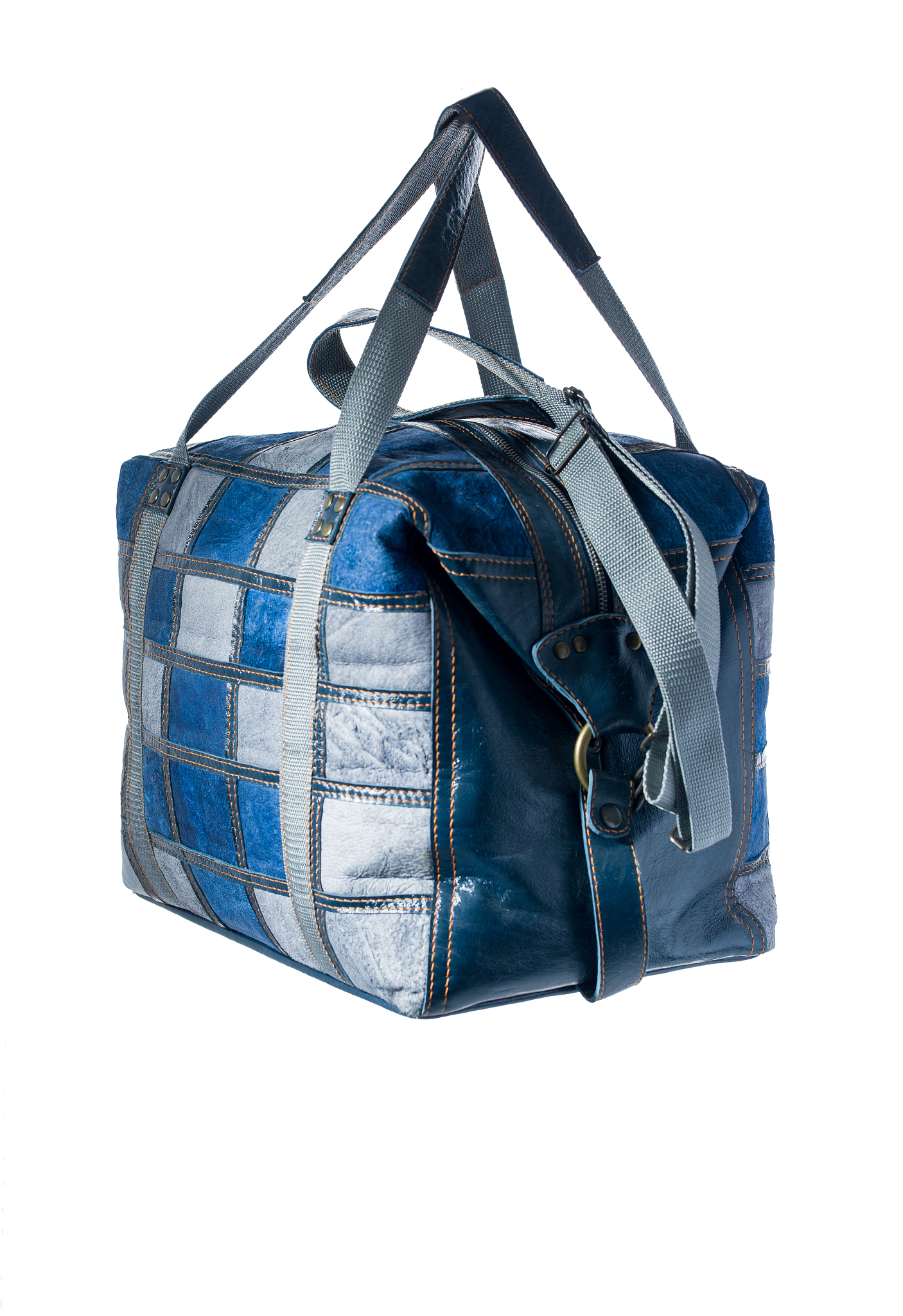 beautiful leather travel blue bag isolated on a white background