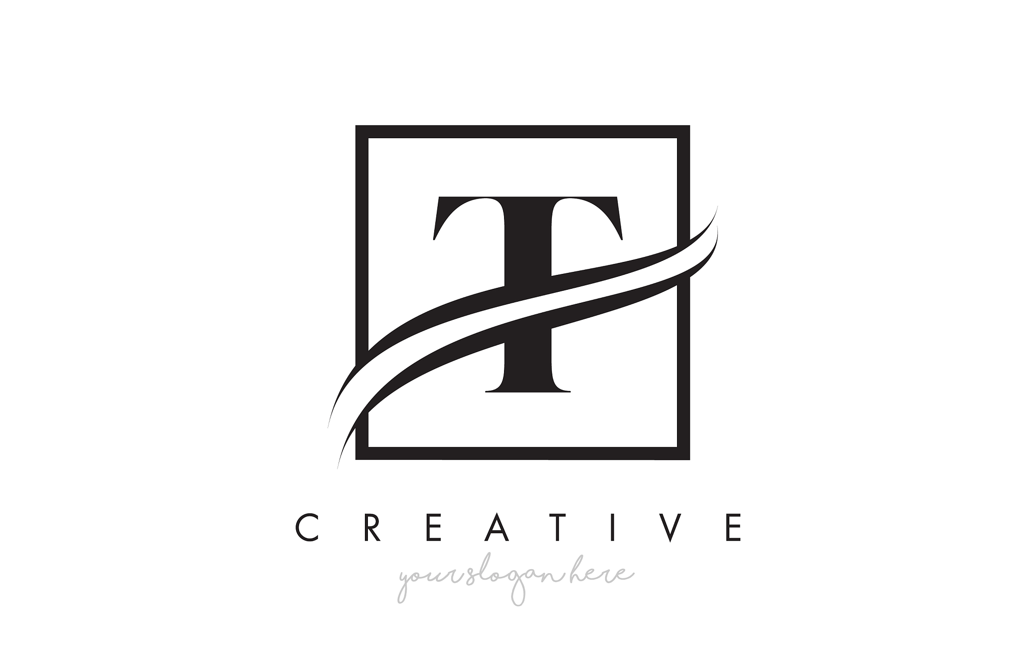 t letter logo design with square swoosh border