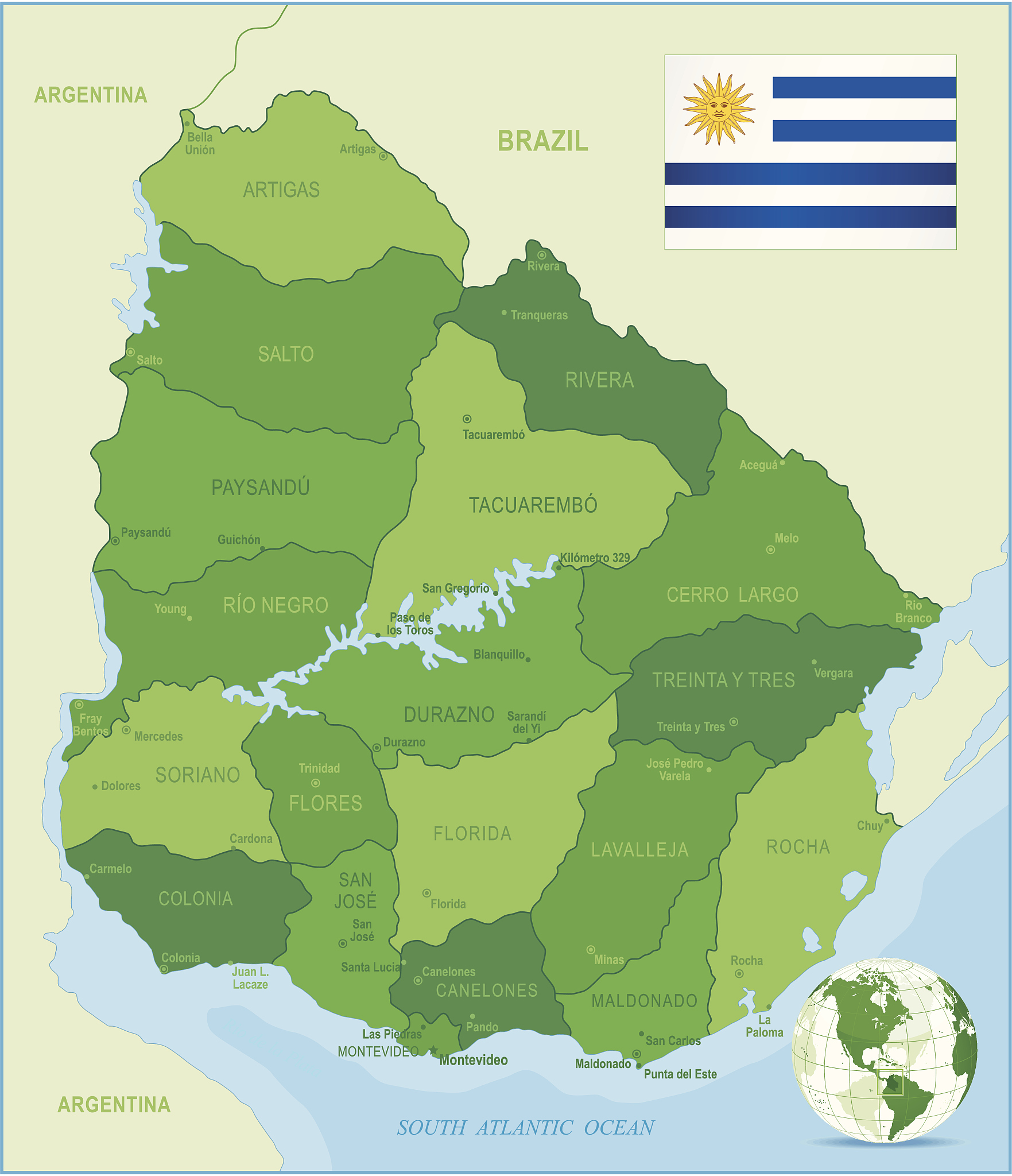 map of uruguay - states, cities and flag