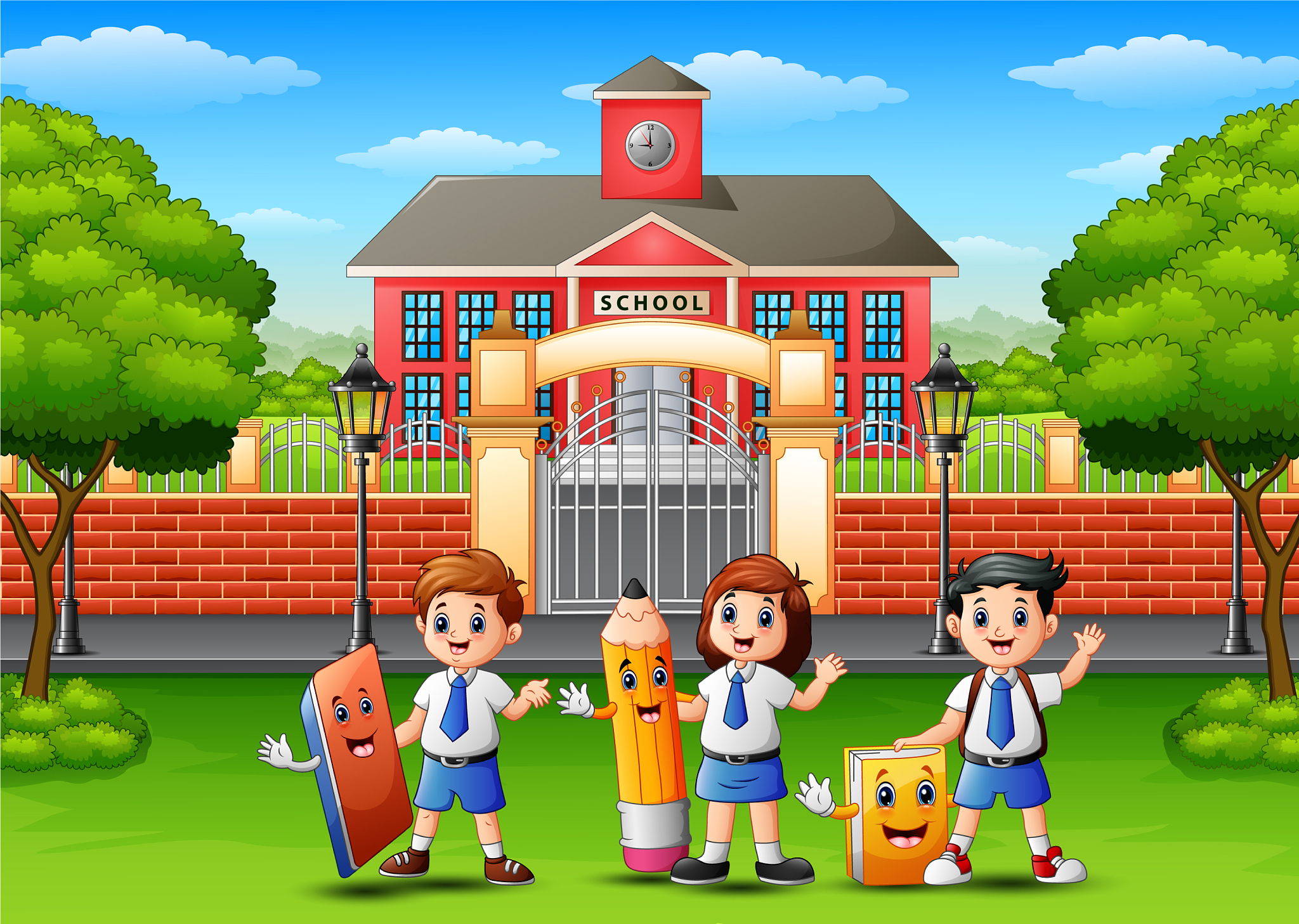 happy school children holding stationery in front