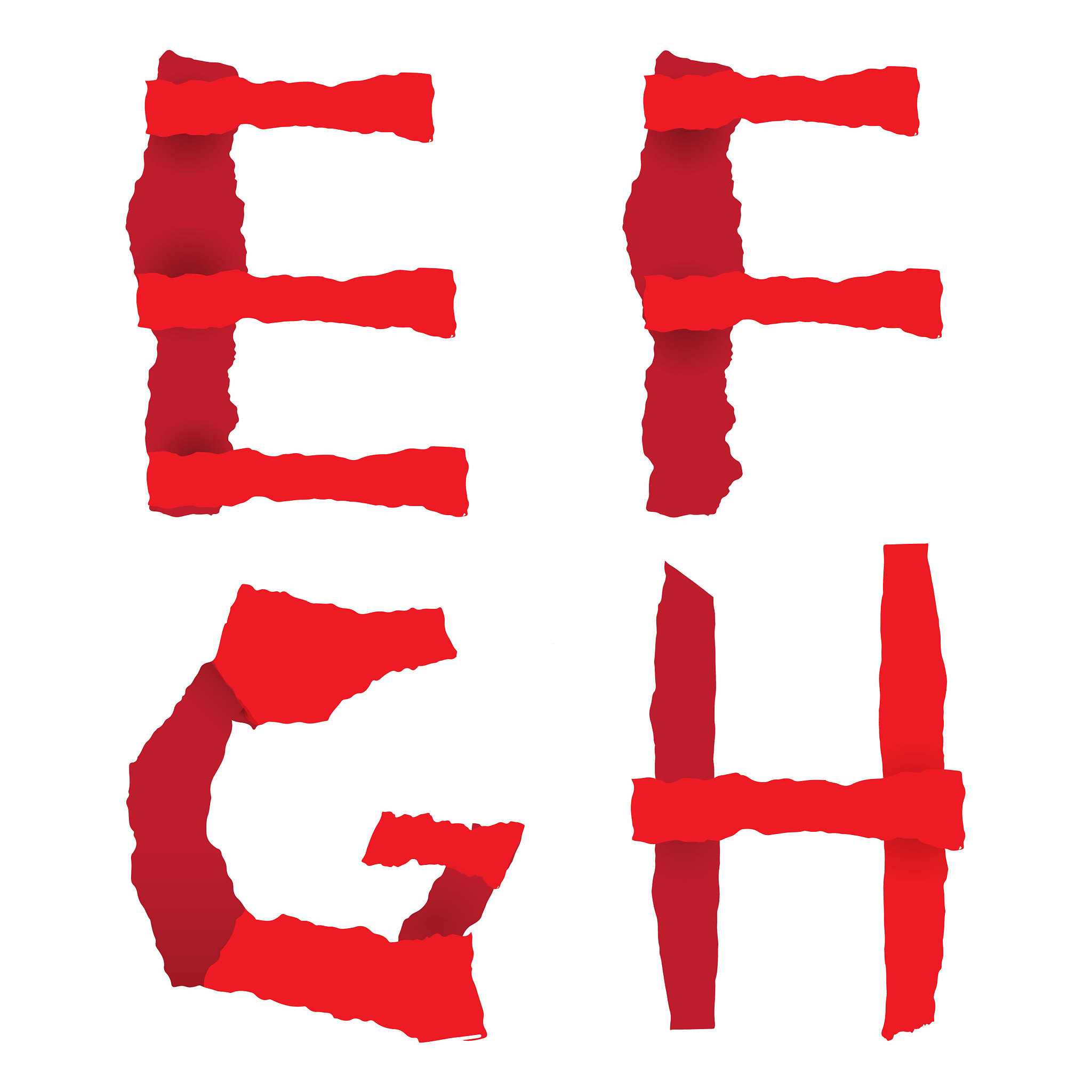 set of  e, f, g, h letters made from torn paper. vector design e