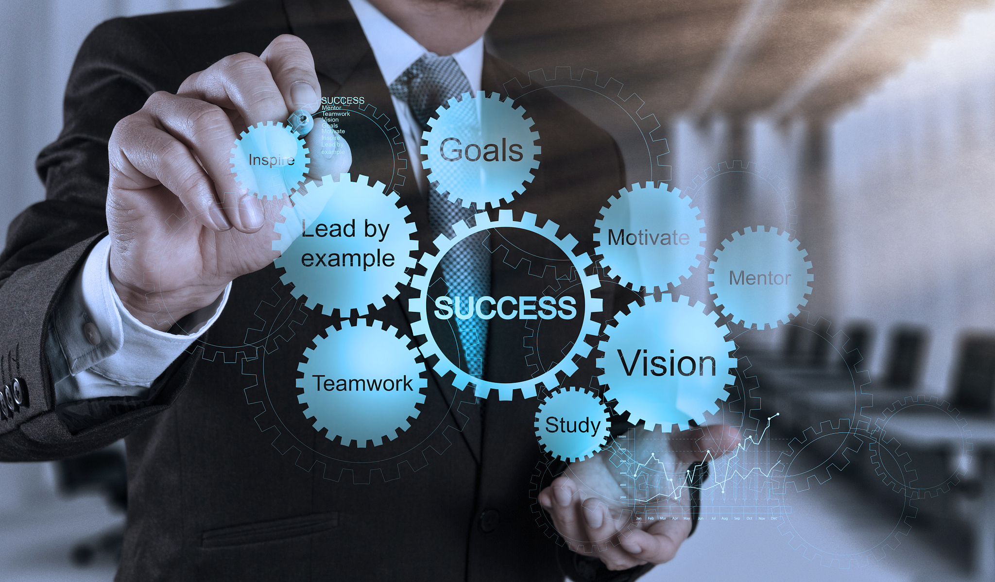 businessman hand draws business success chart