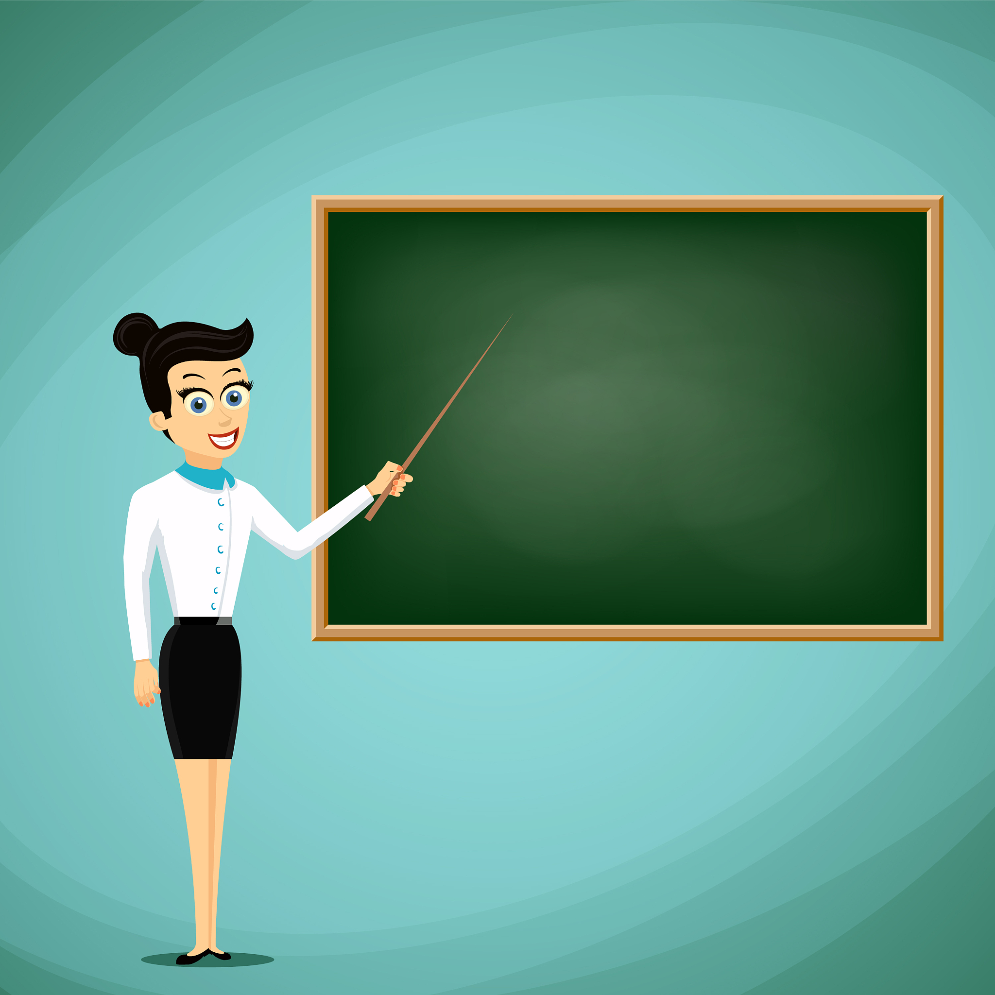 woman teacher show pointer on blackboard back to