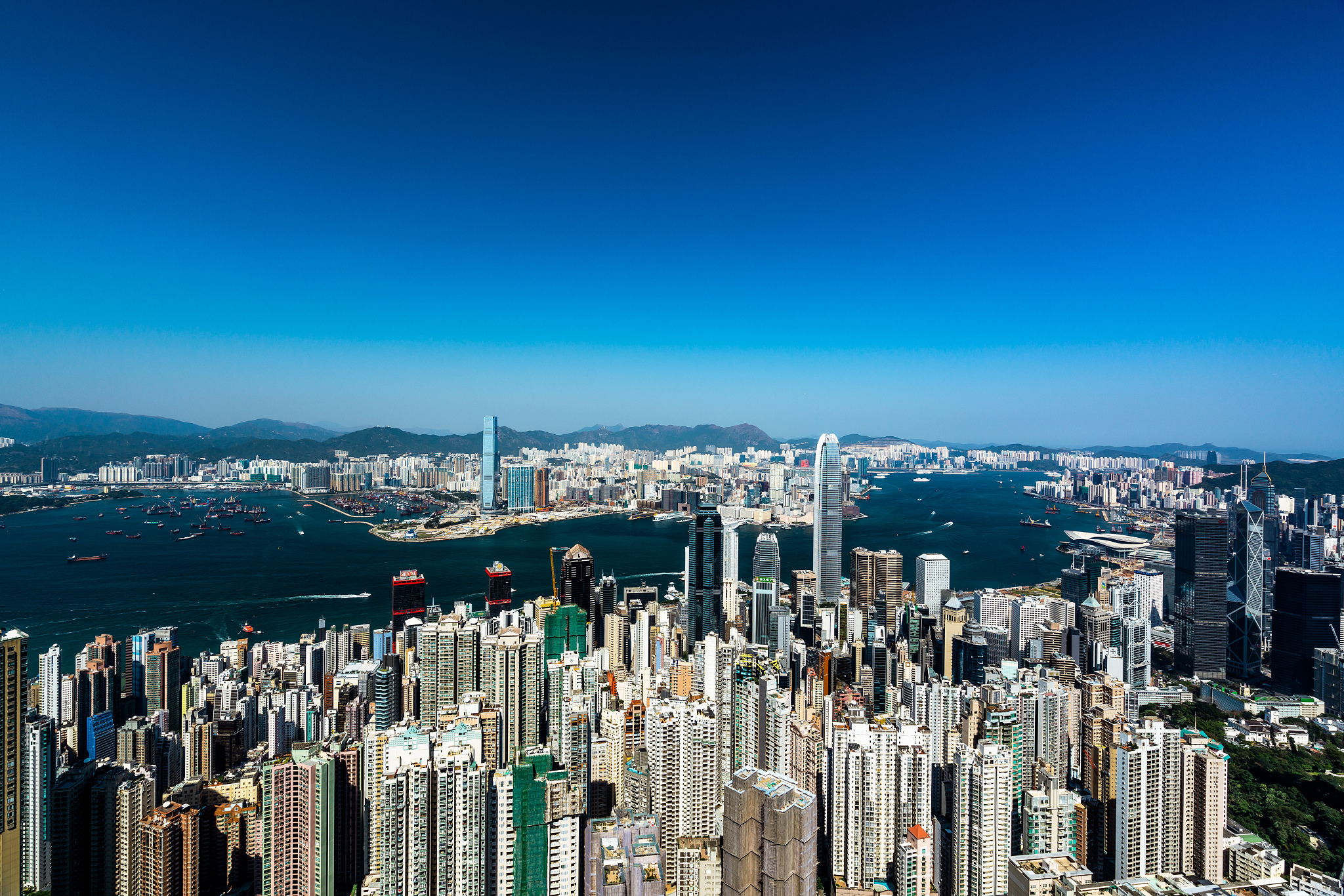 hong kong skyscrapers crowded cityscape and harbour