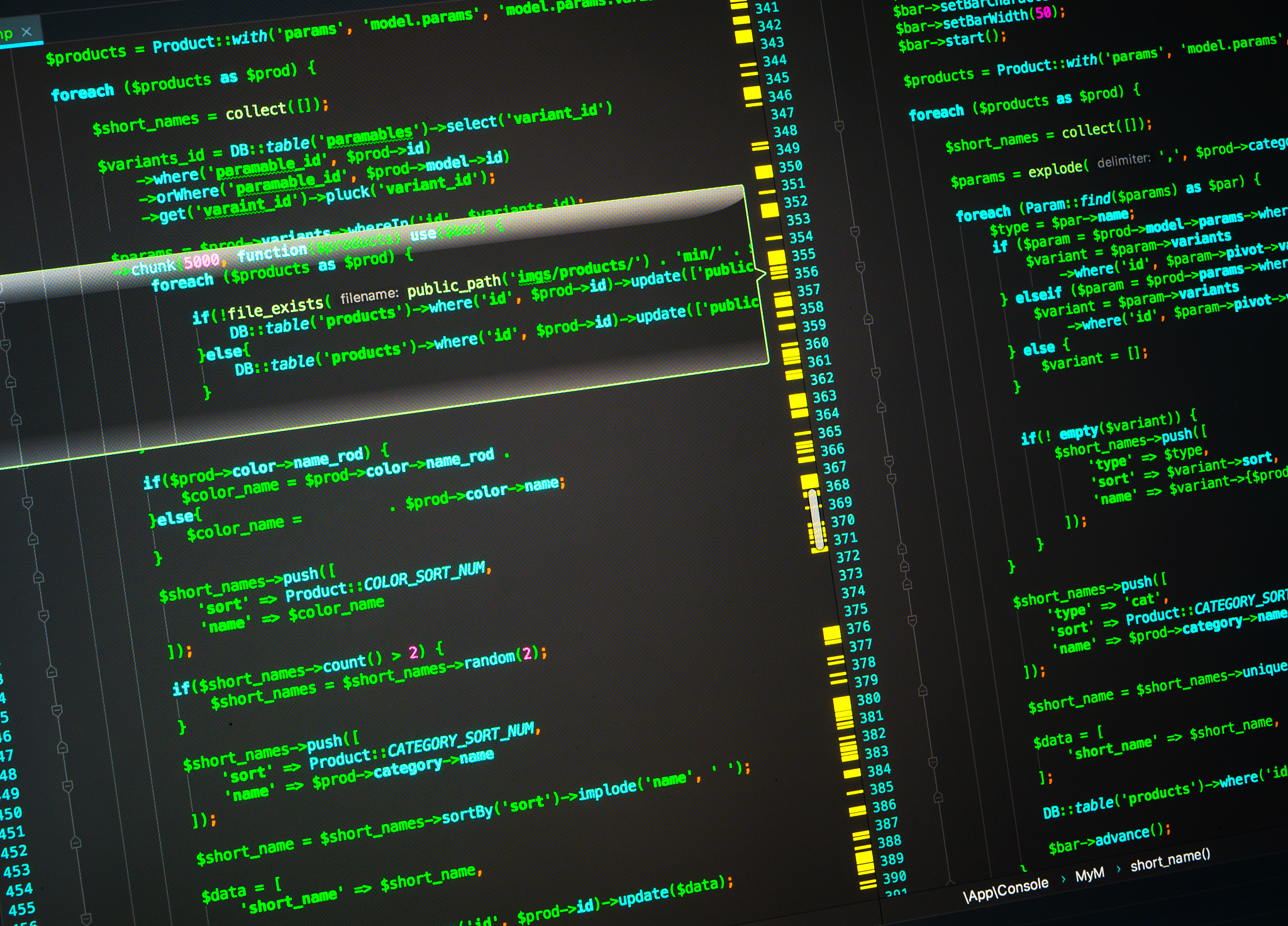 php developing of the site in the code editor, close up