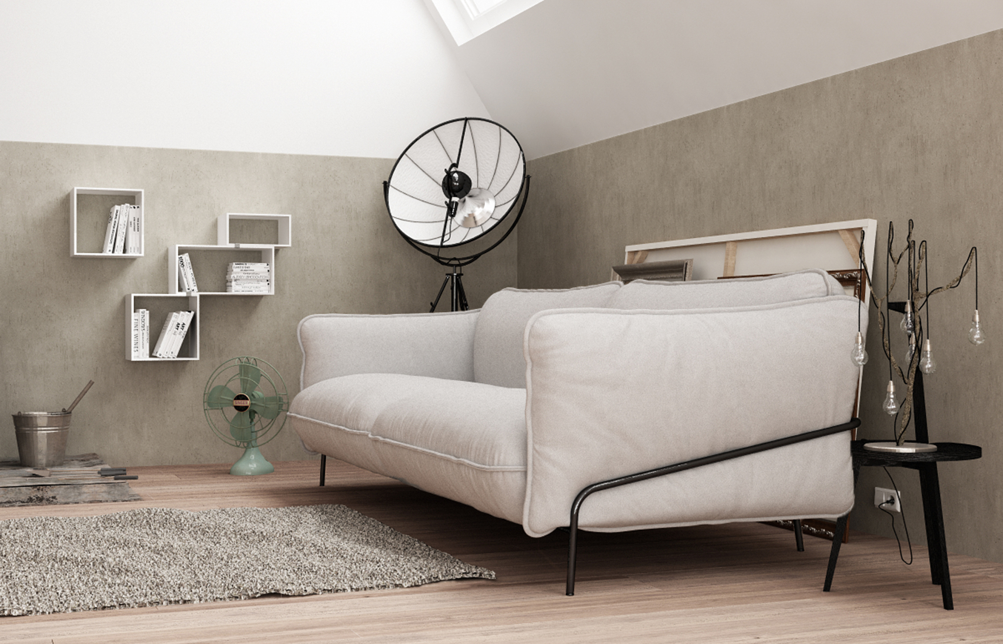 vintage loft living room with white sofa, modern interior design