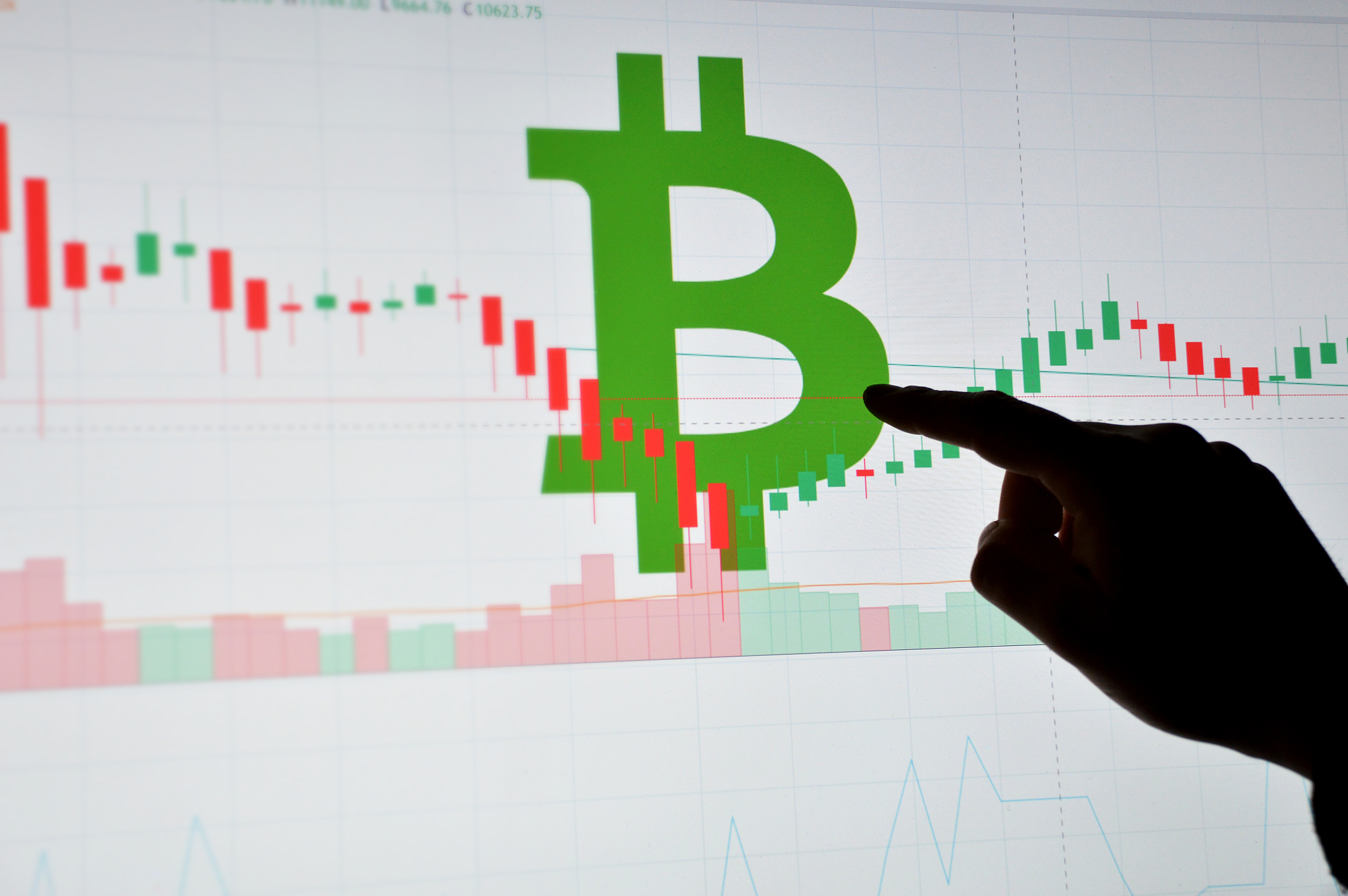 bitcoin trading market data chart with hand