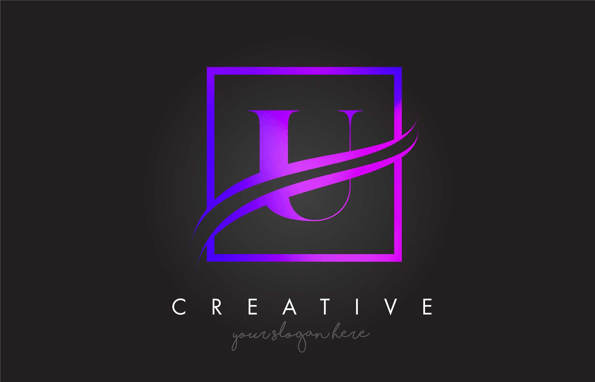u purple violet letter logo design with square