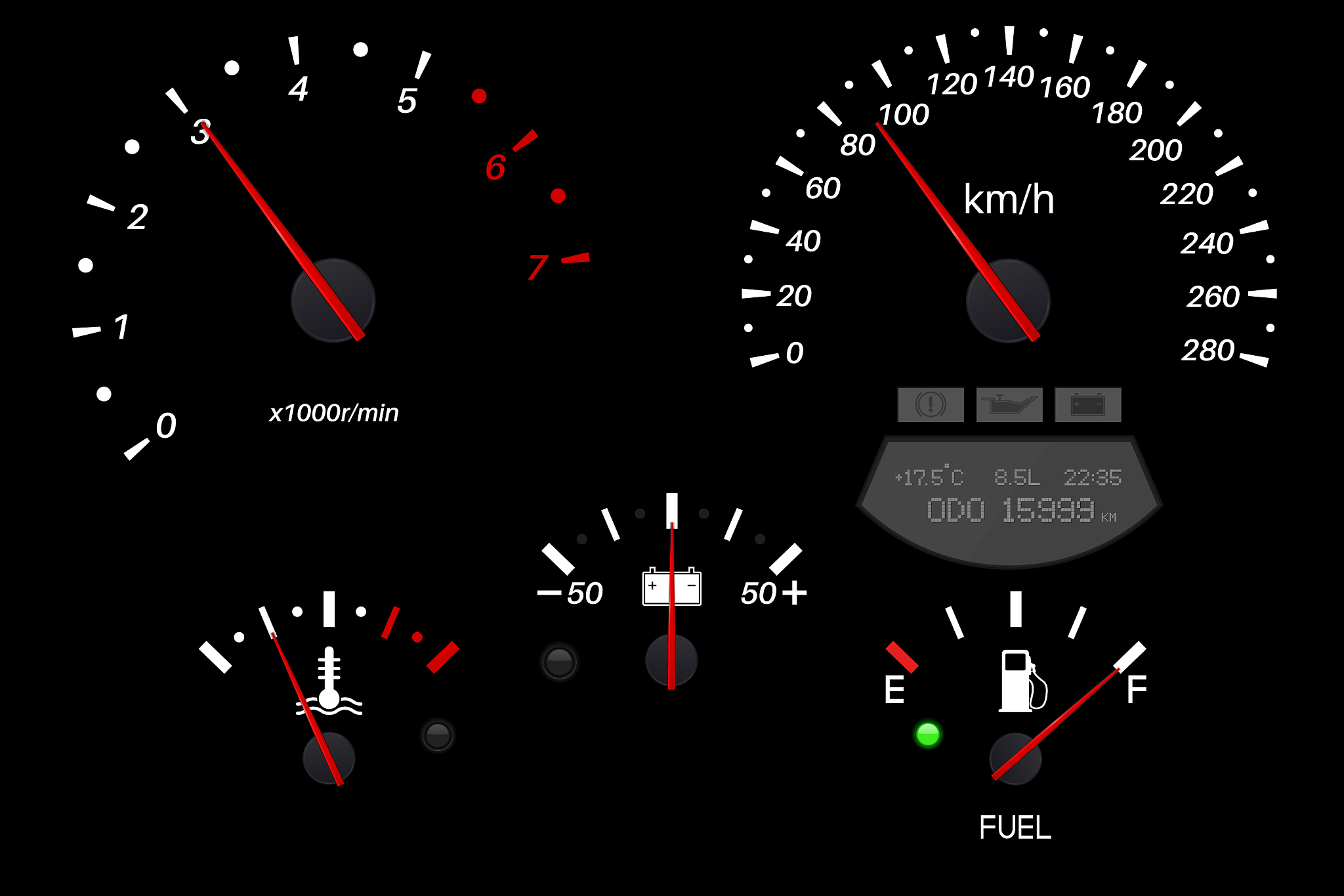 car dashboard black scales fuel gauge