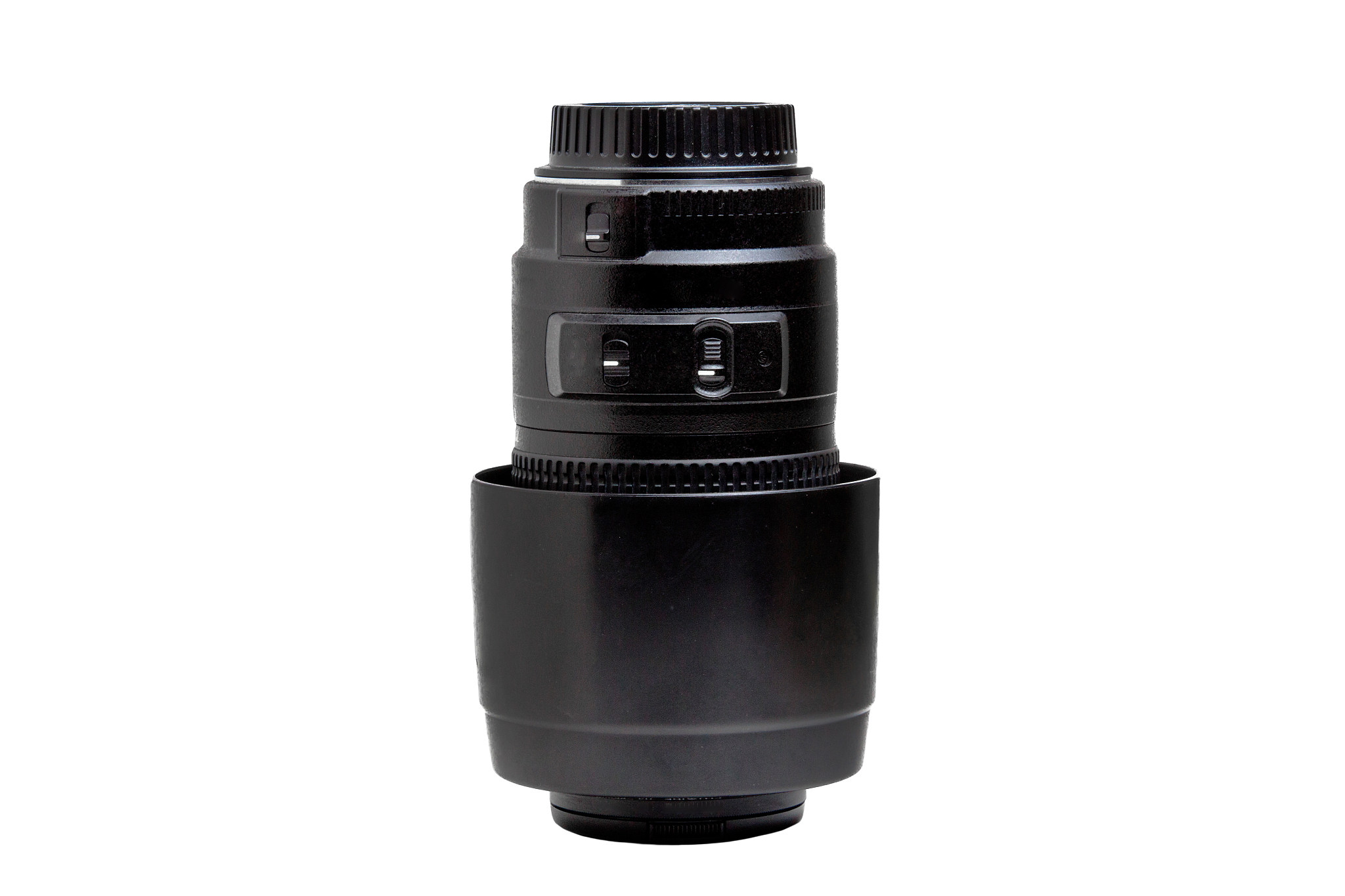 zoom lens with a lens hood for the camera on a white background